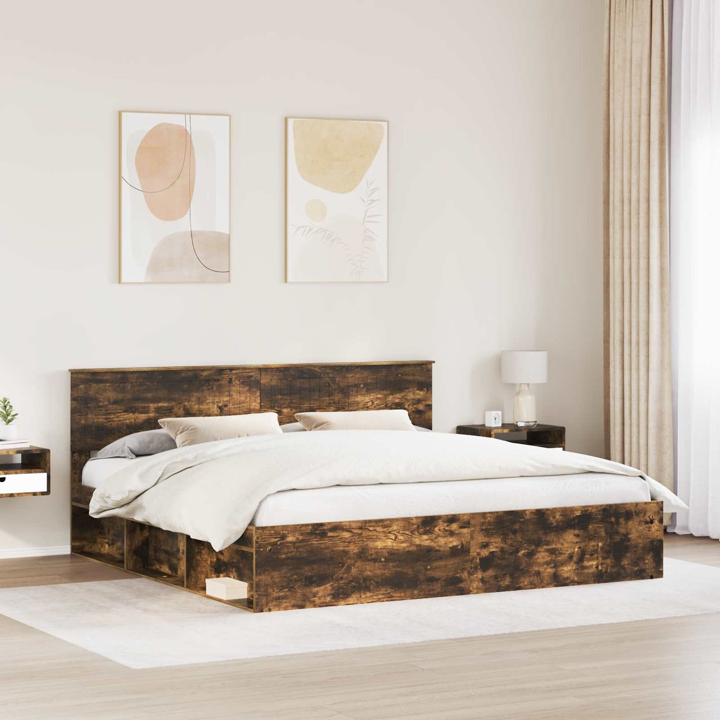 Bed Frame Smoked Oak 200 x 200 cm Solid Pine Wood