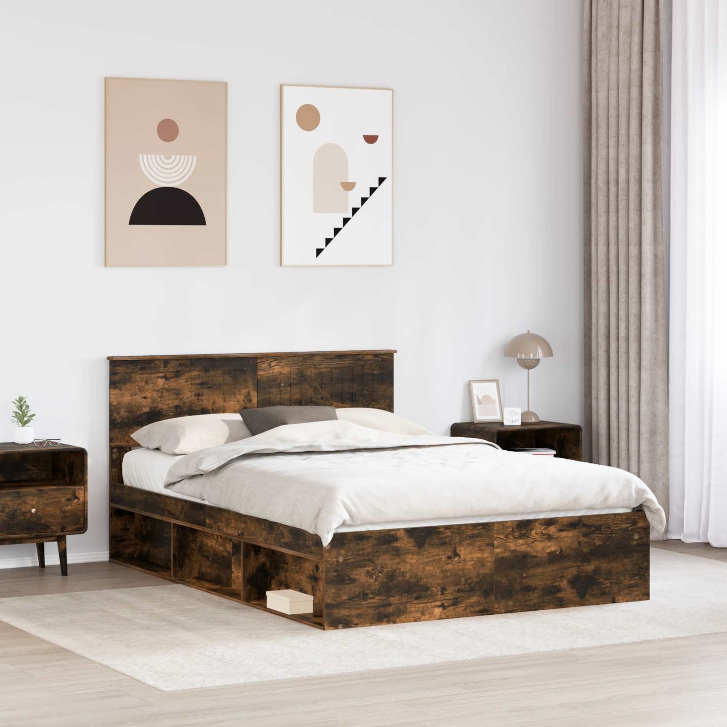 Bed Frame Smoked Oak 135 x 190 cm Solid Pine Wood