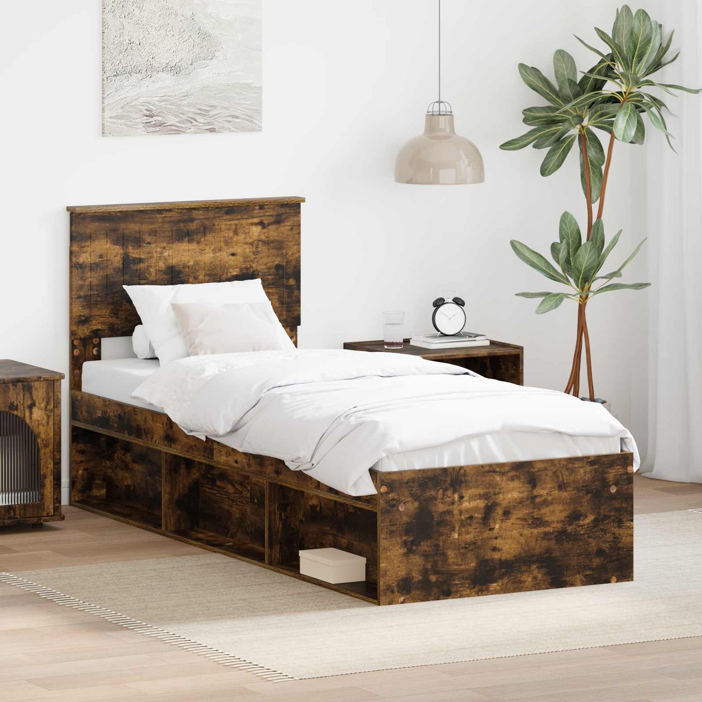 Bed Frame with Headboard Smoked Oak 75 x 190 cm Solid Pine Wood