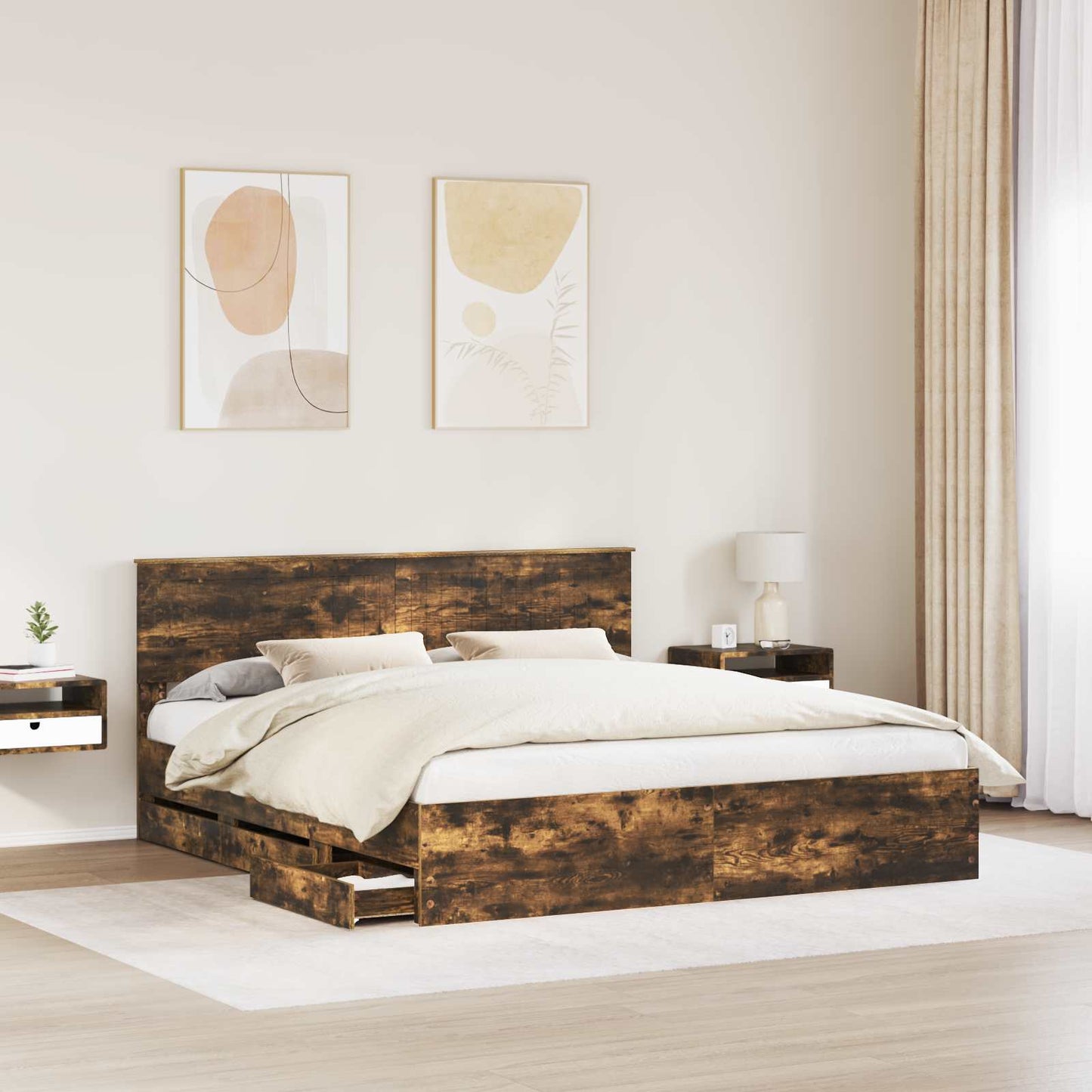 Bed Frame with Drawer Smoked Oak 180 x 200 cm Engineer Wood