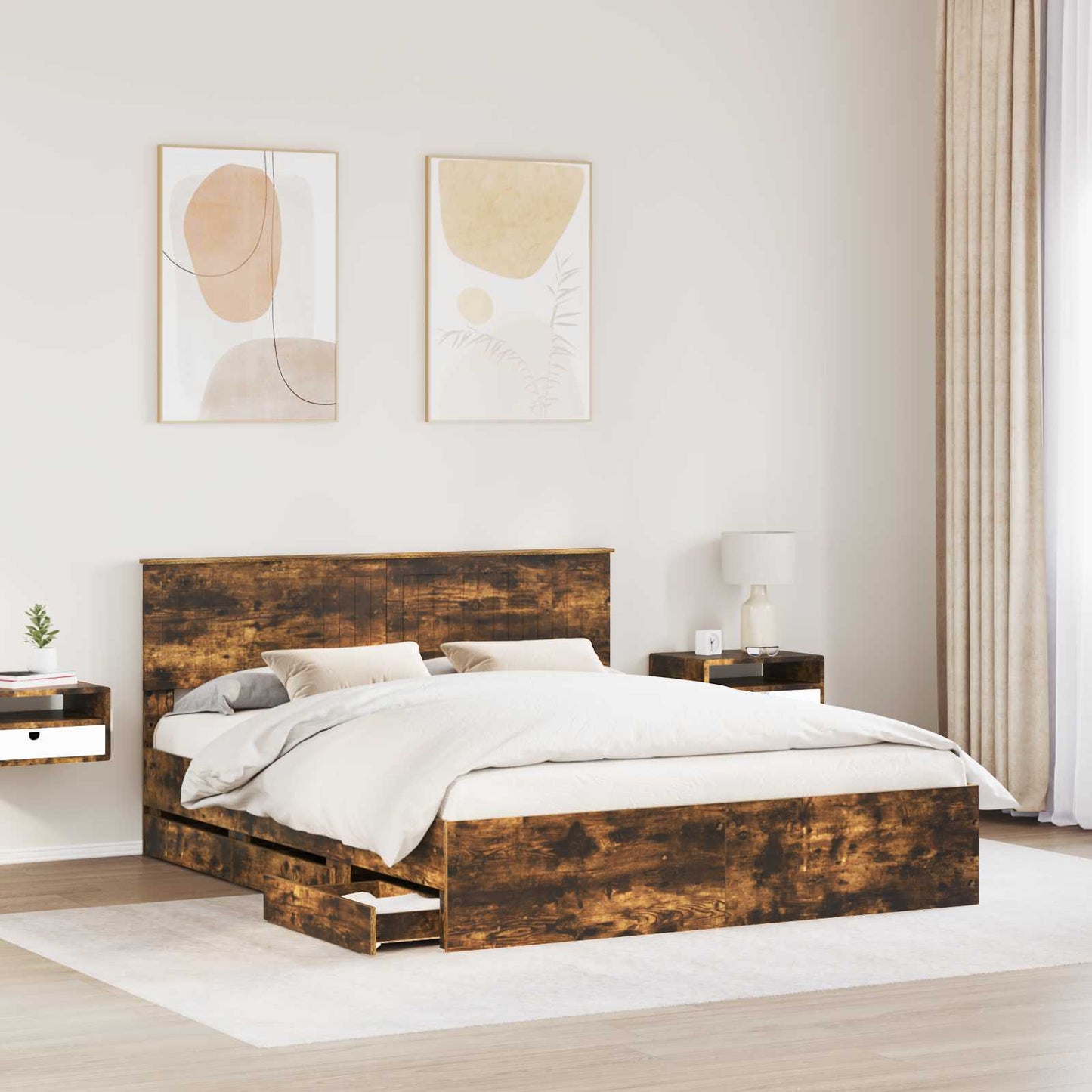 Bed Frame with Drawer Smoked Oak 160 x 200 cm Engineer Wood