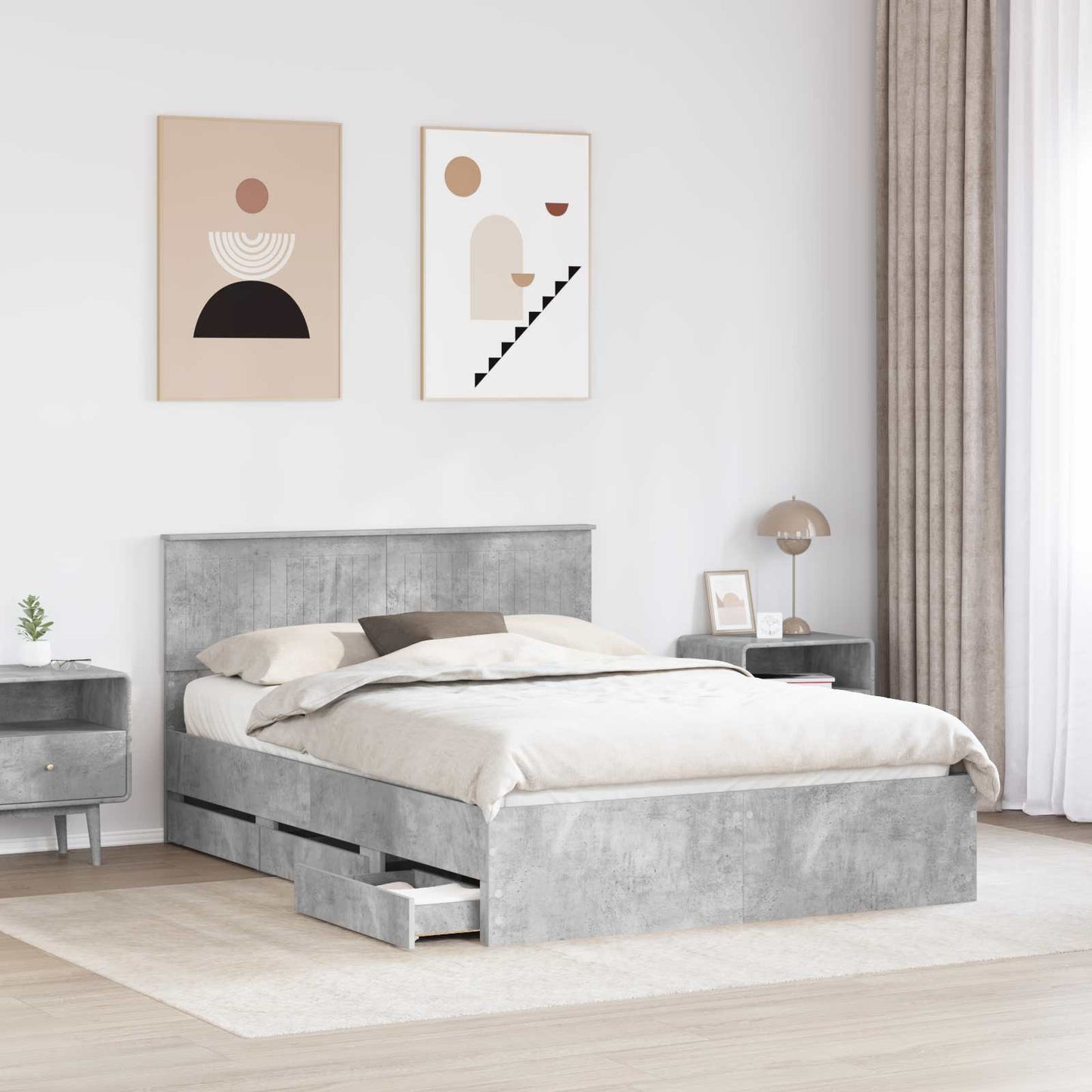 Bed Frame with Drawer Concrete Grey 140 x 190 cm Engineer Wood