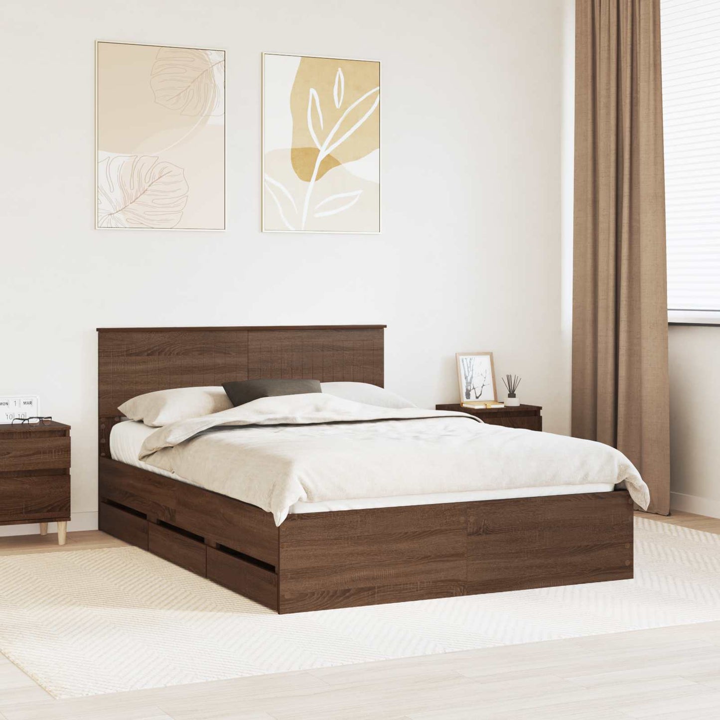 Bed Frame with Drawer Brown Oak 135 x 190 cm Engineer Wood