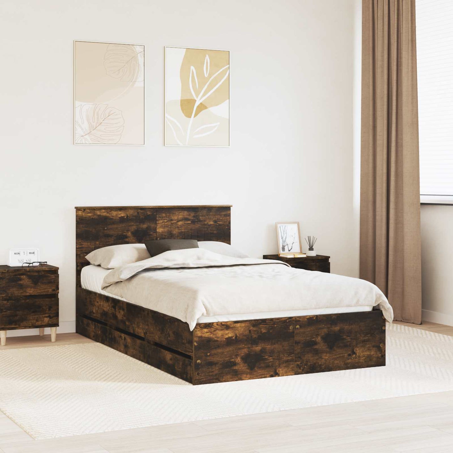 Bed Frame with Drawer Smoked Oak 120 x 200 cm Engineer Wood