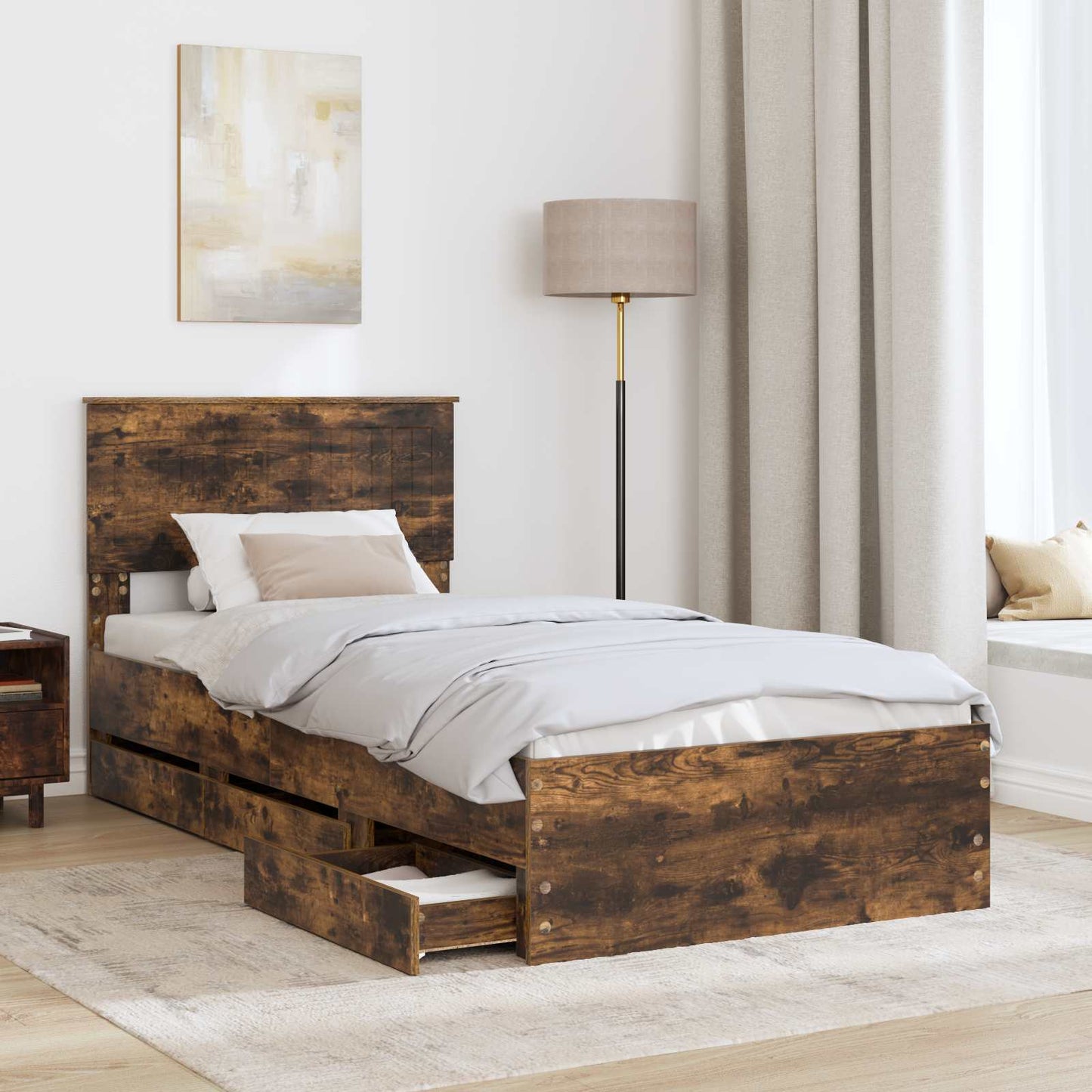 Bed Frame with Drawer Smoked Oak 90 x 200 cm Engineer Wood