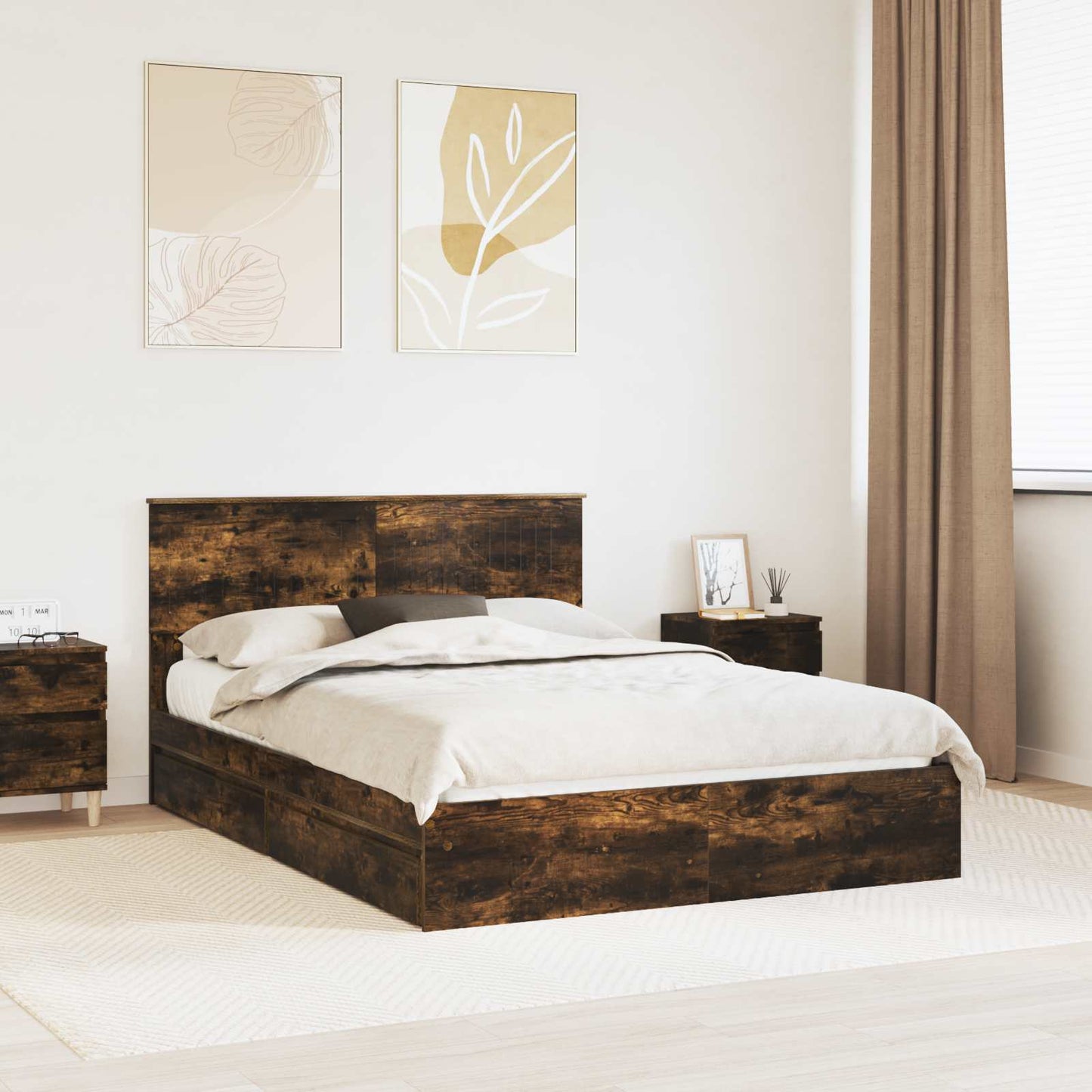 Storage Bed with Drawer Smoked Oak 135 x 190 cm Engineered Wood