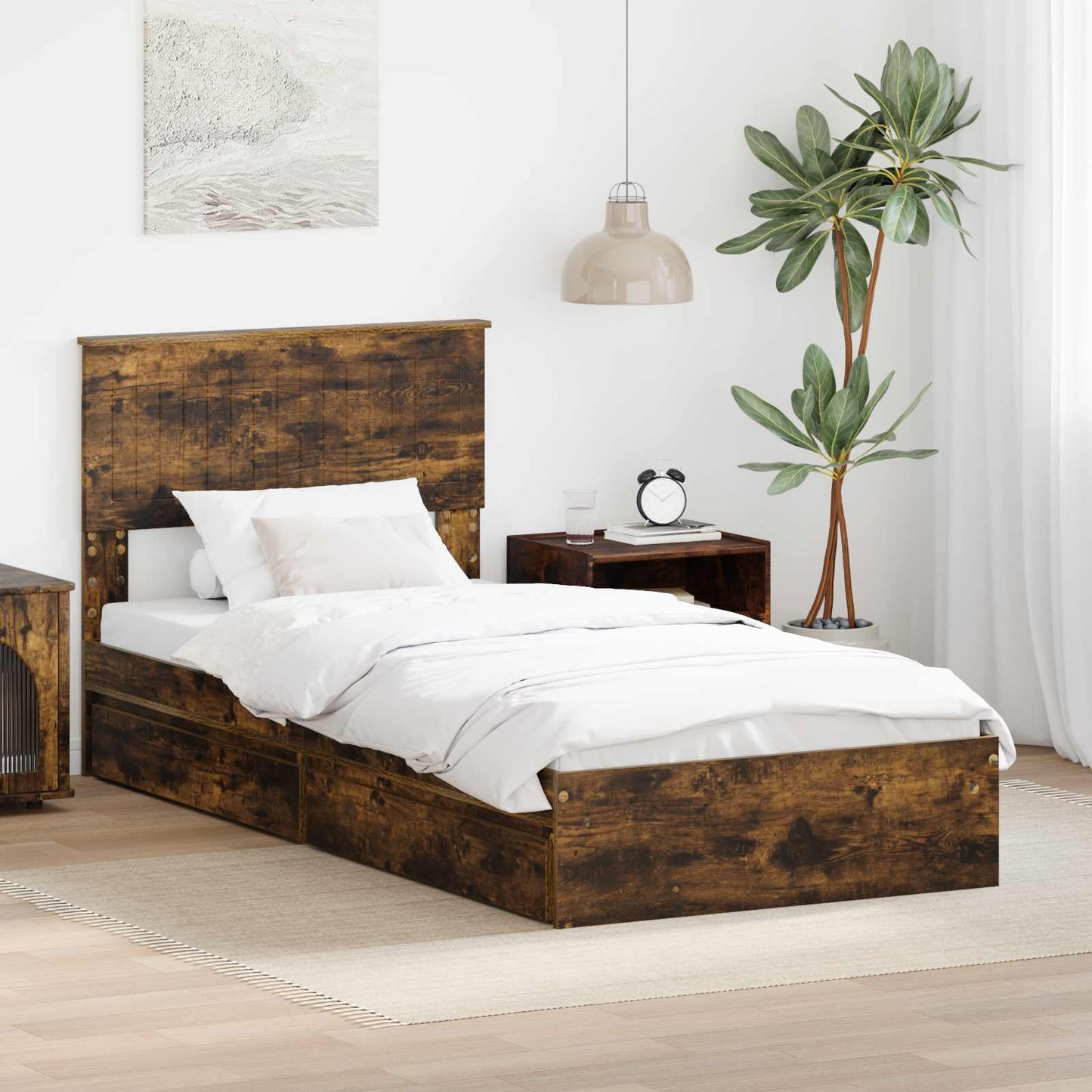 Storage Bed with Drawer Smoked Oak 90 x 190 cm Engineered Wood