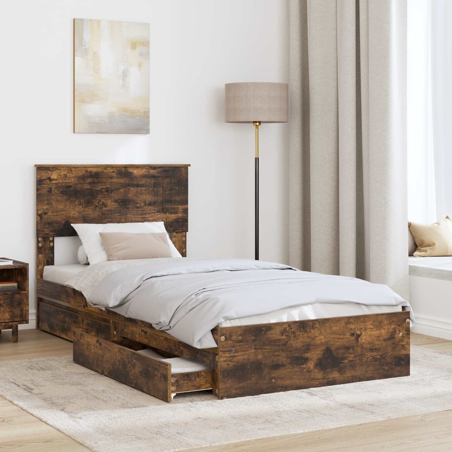 Storage Bed with Drawer Smoked Oak 90 x 190 cm Engineered Wood