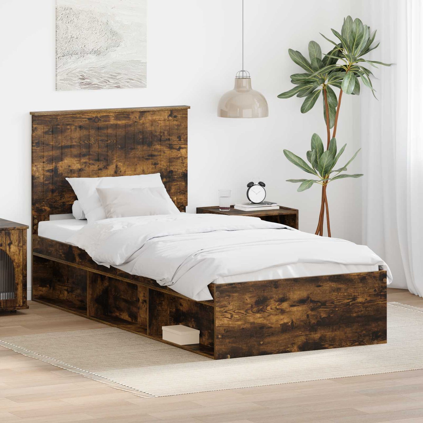 Bed Frame with Headboard Smoked Oak 90 x 200 cm Solid Pine Wood