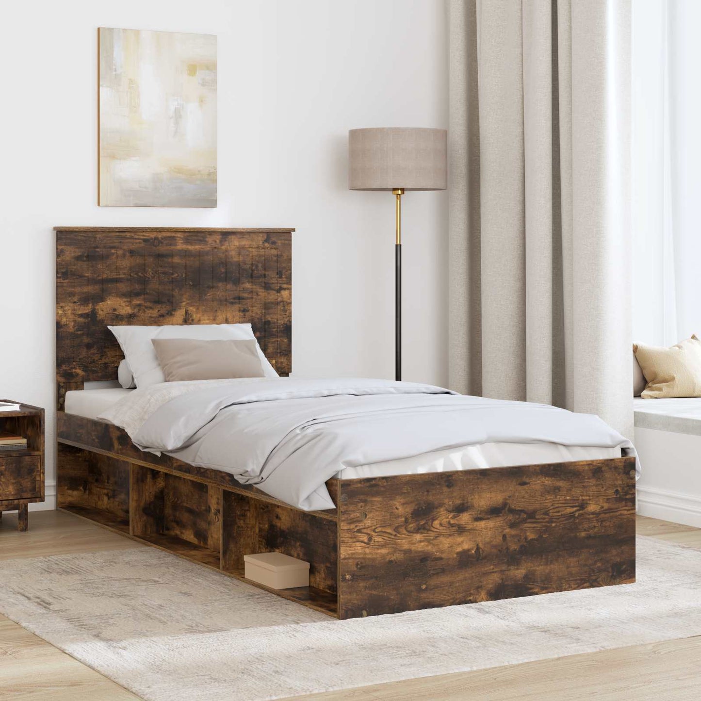 Bed Frame with Headboard Smoked Oak 90 x 200 cm Solid Pine Wood