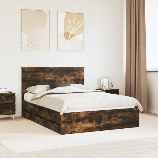 Bed Frame with Drawer Smoked Oak 140 x 190 cm Engineer Wood