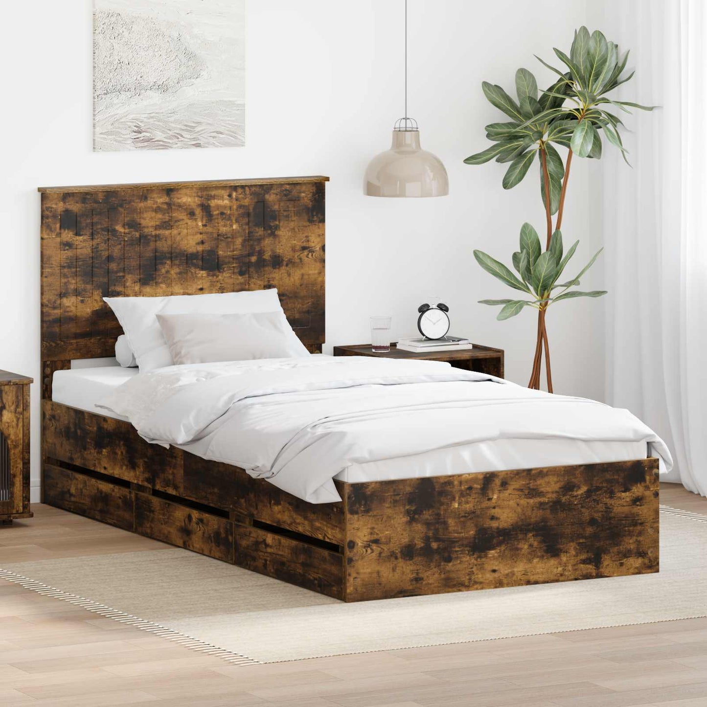 Bed Frame with Drawer Smoked Oak 100 x 200 cm Engineer Wood
