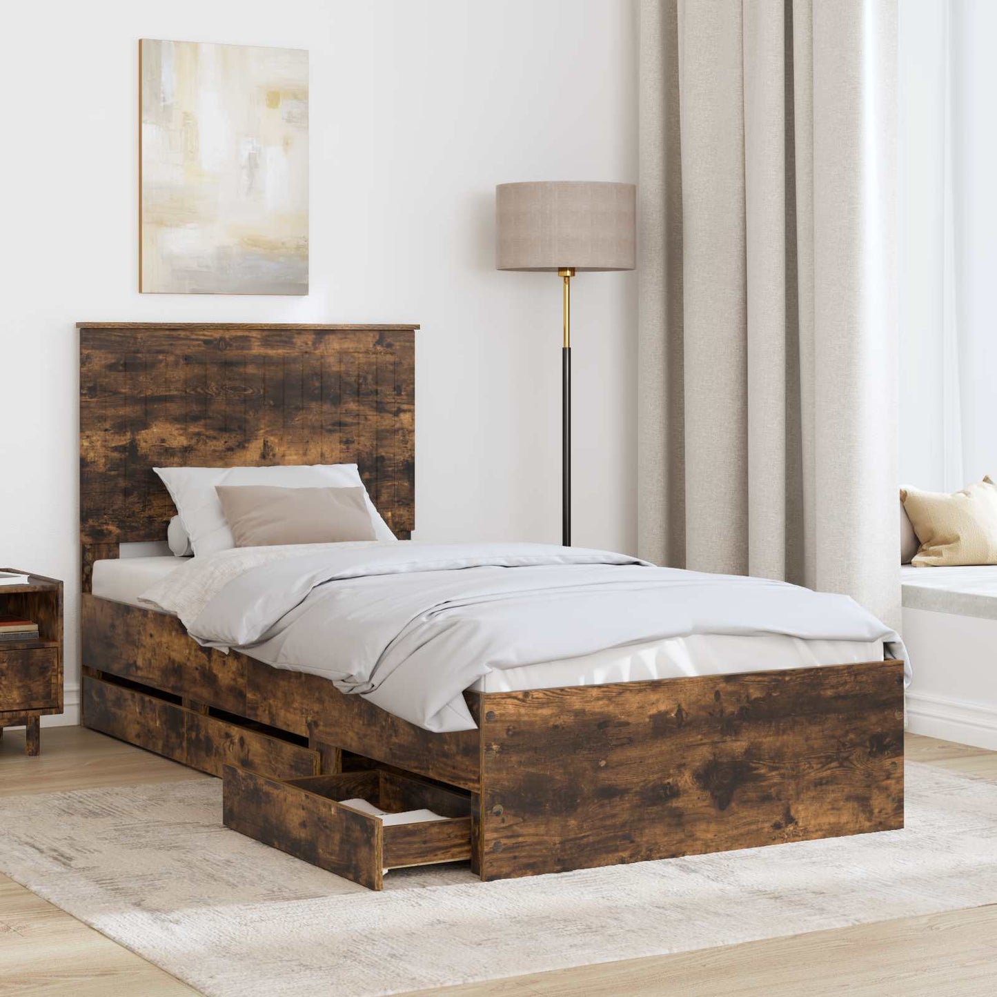 Bed Frame with Drawer Smoked Oak 90 x 190 cm Engineer Wood