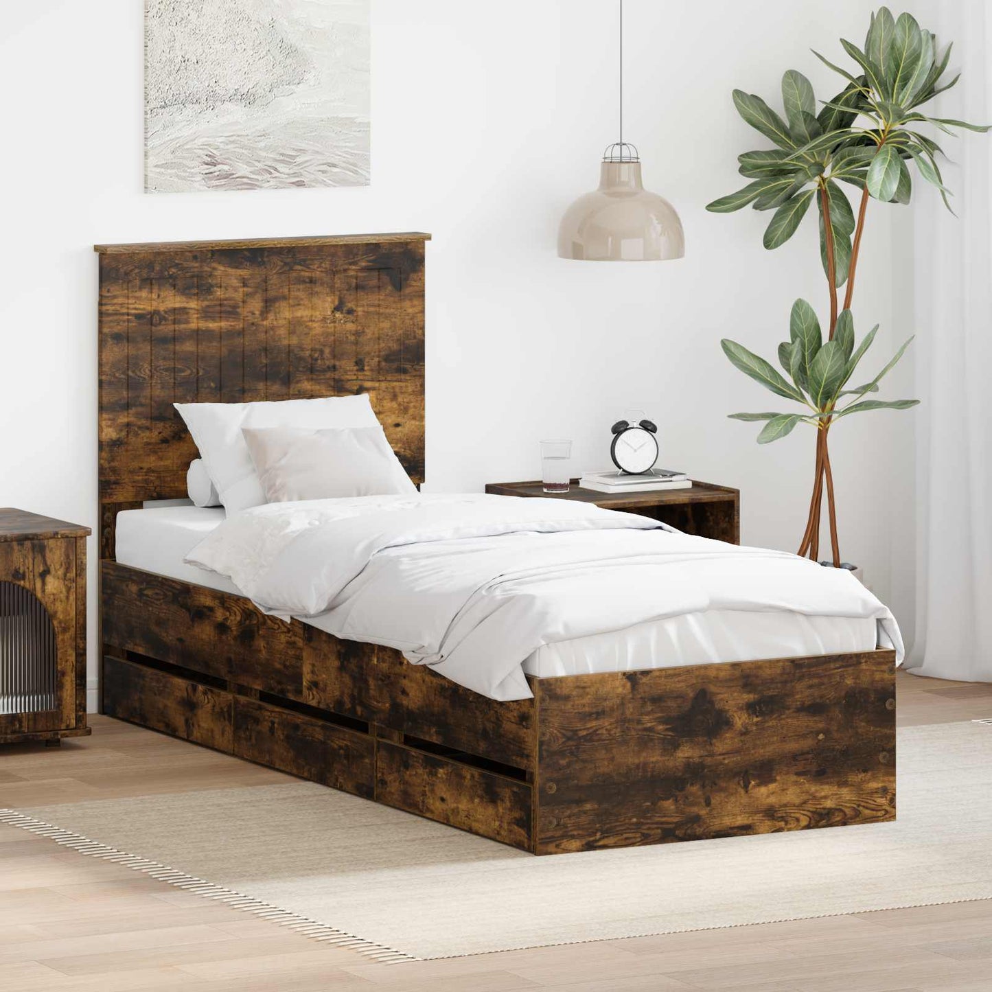 Bed Frame with Drawer Smoked Oak 75 x 190 cm Engineer Wood