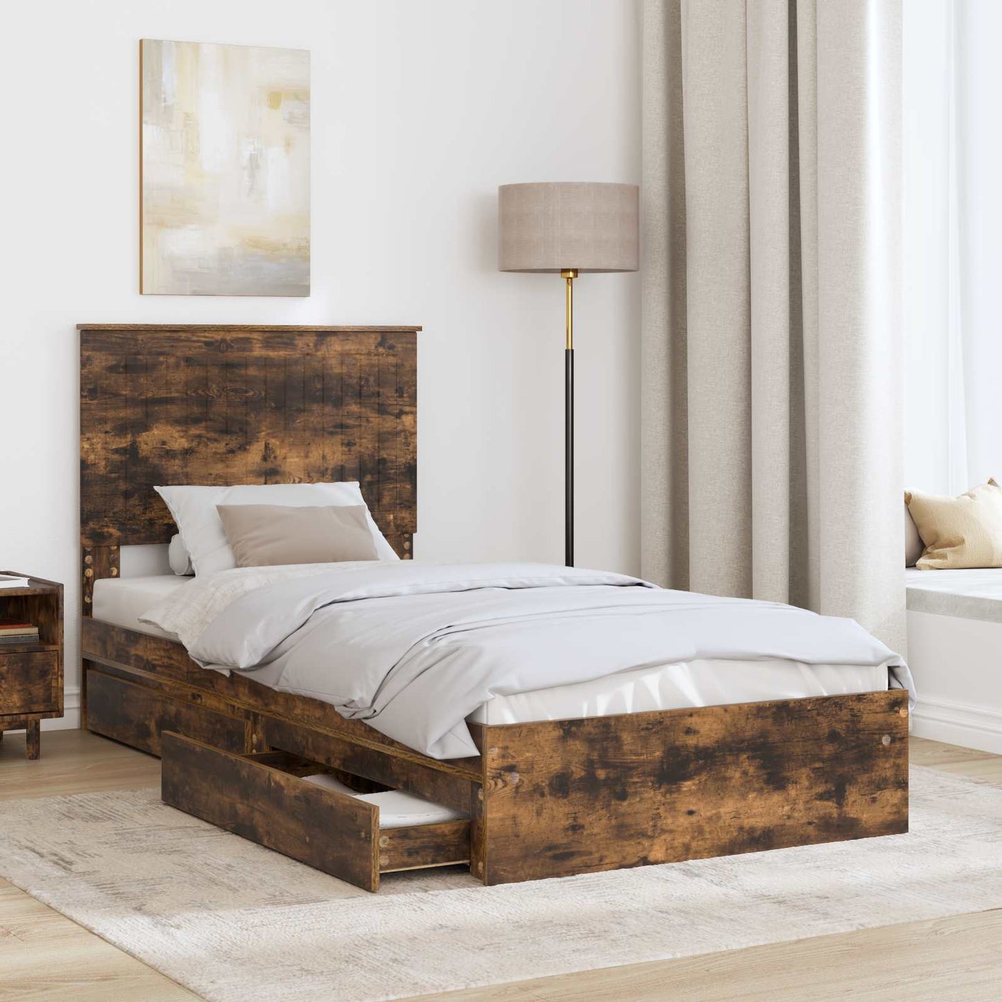 Storage Bed with Drawer Smoked Oak 90 x 200 cm Engineered Wood