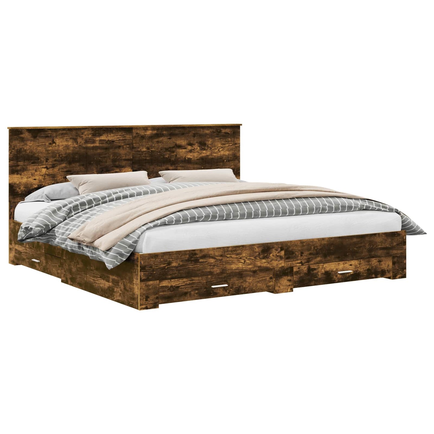 Bed Frame with Drawer Smoked Oak 200 x 200 cm Engineered Wood