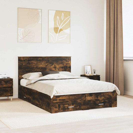 Bed Frame with Drawer Smoked Oak 140 x 200 cm Engineered Wood