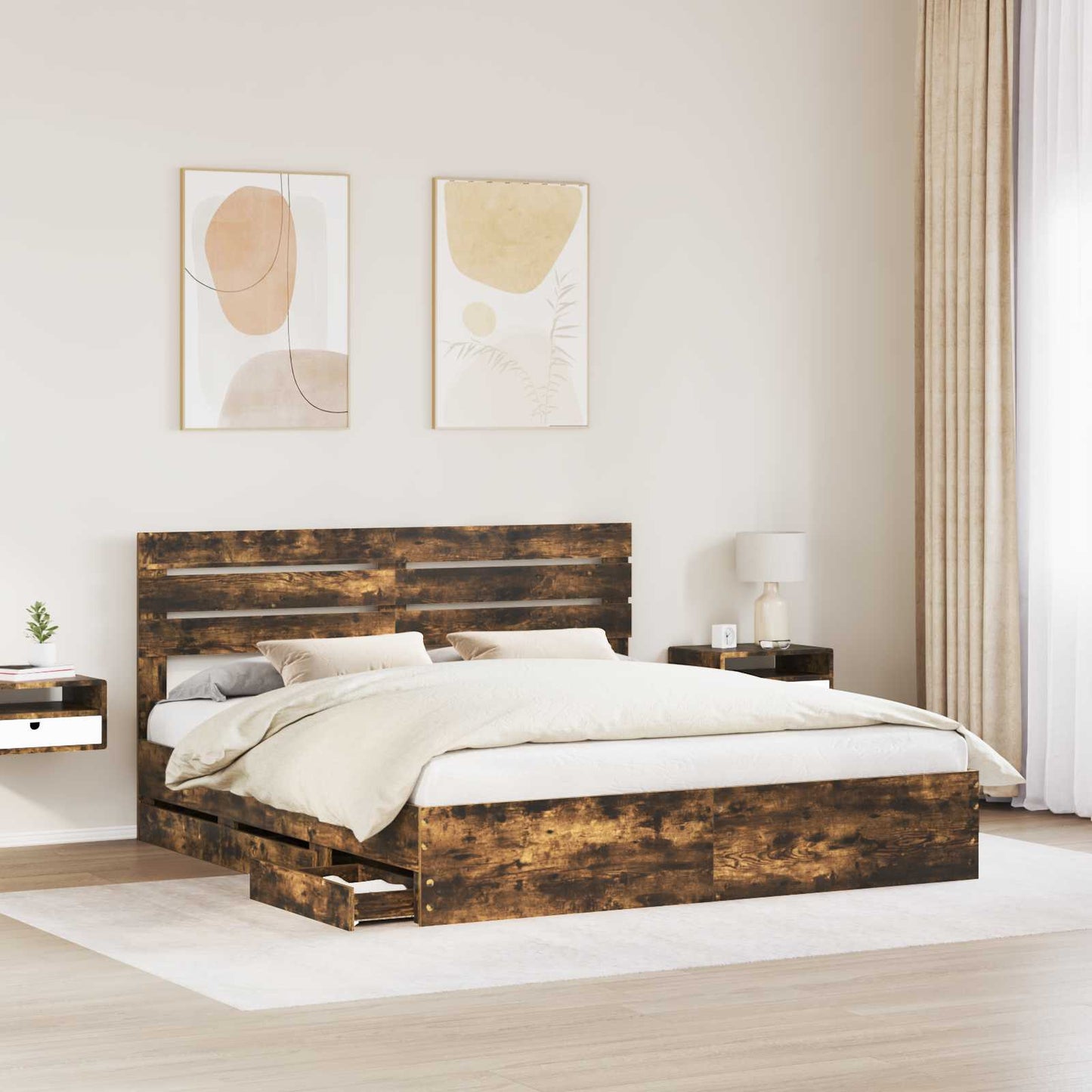 Bed Frame with Drawer Smoked Oak 180 x 200 cm Engineer Wood