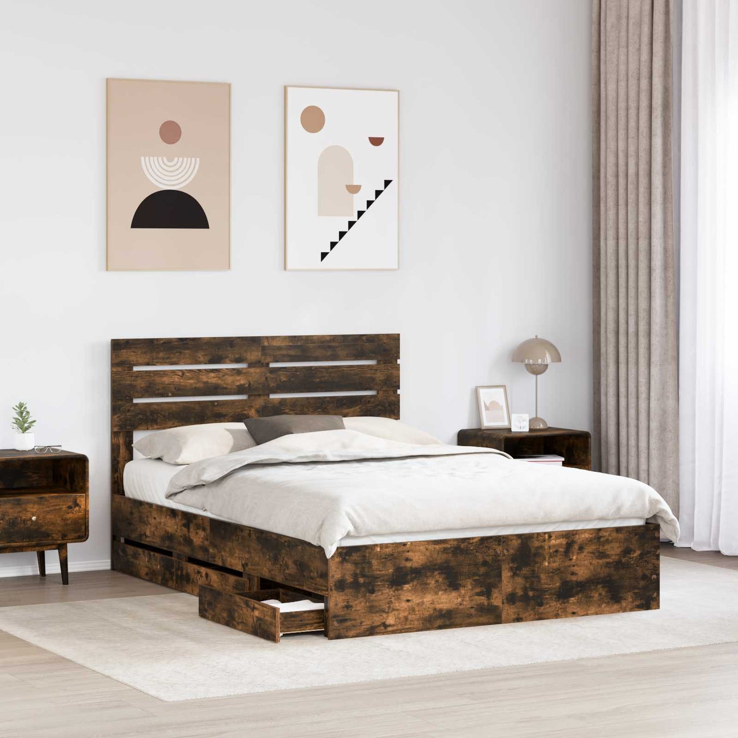 Bed Frame with Drawer Smoked Oak 140 x 200 cm Engineer Wood