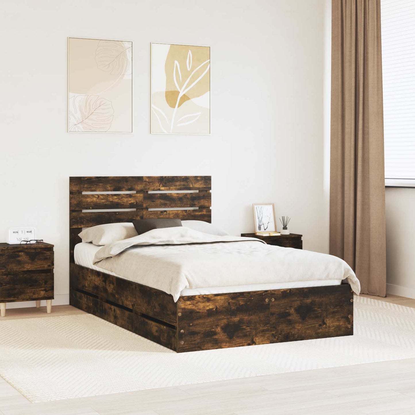 Bed Frame with Drawer Smoked Oak 135 x 190 cm Engineer Wood