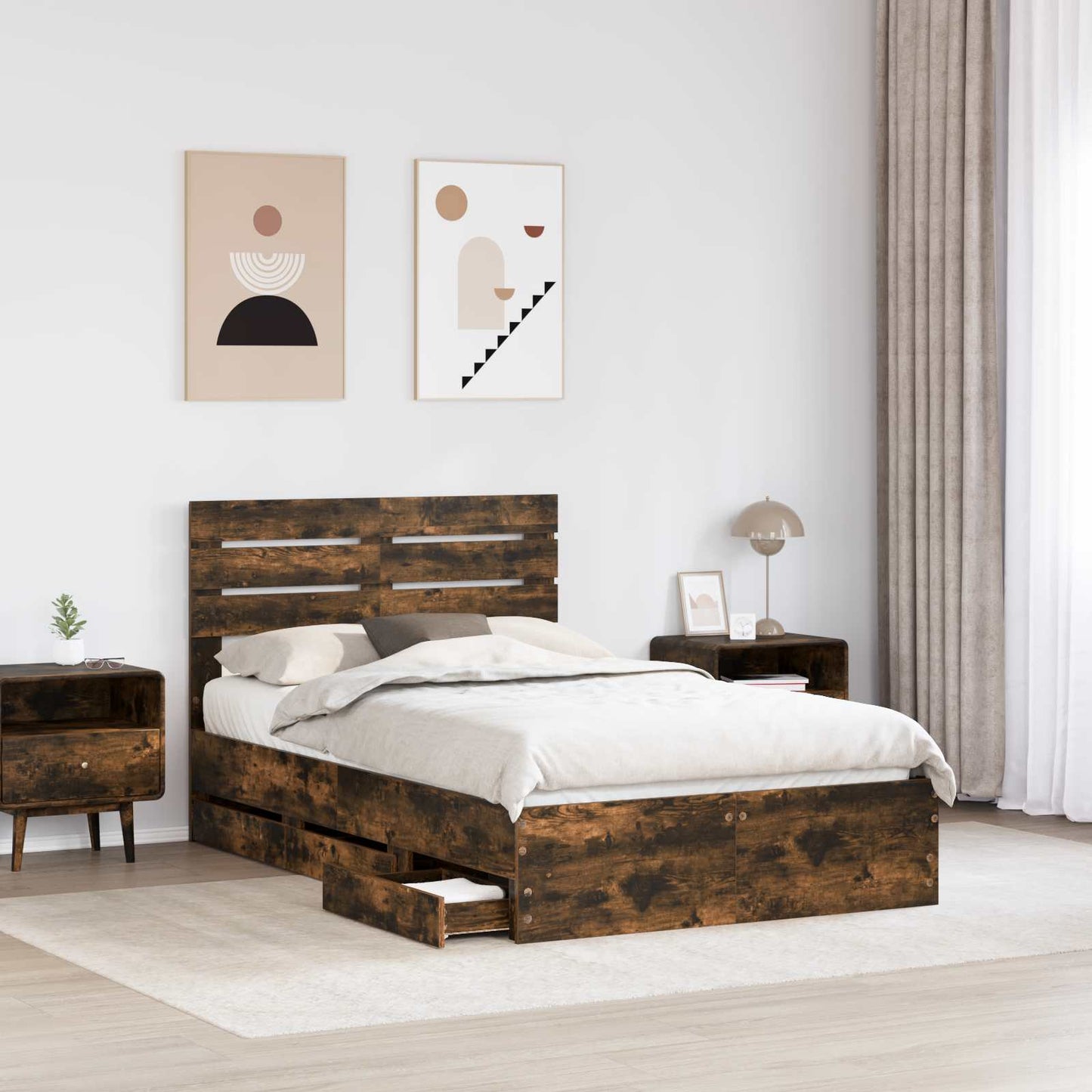 Bed Frame with Drawer Smoked Oak 120 x 200 cm Engineer Wood