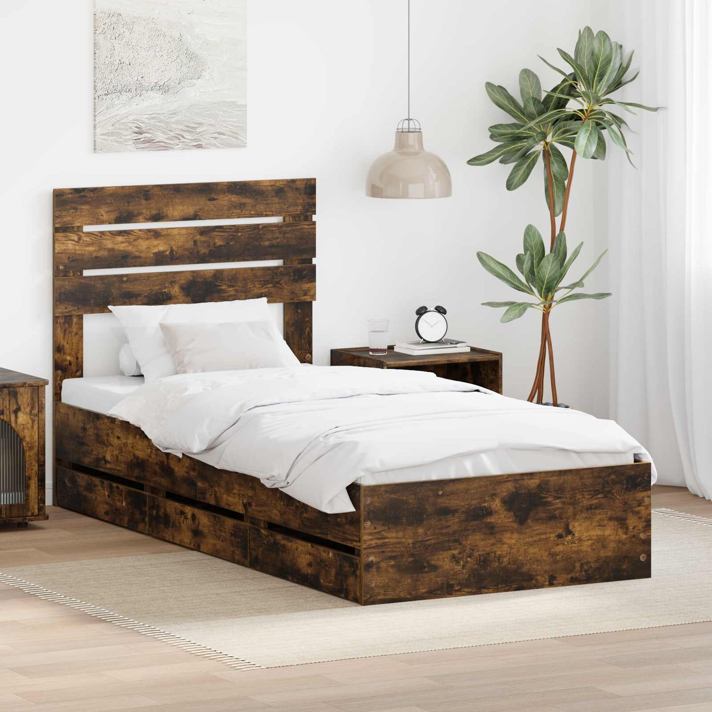Bed Frame with Drawer Smoked Oak 75 x 190 cm Engineer Wood