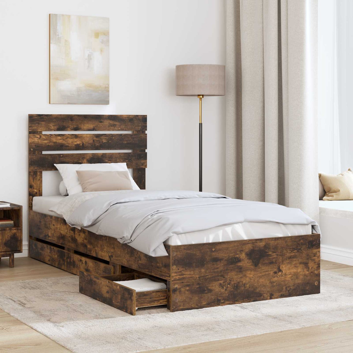 Bed Frame with Drawer Smoked Oak 75 x 190 cm Engineer Wood
