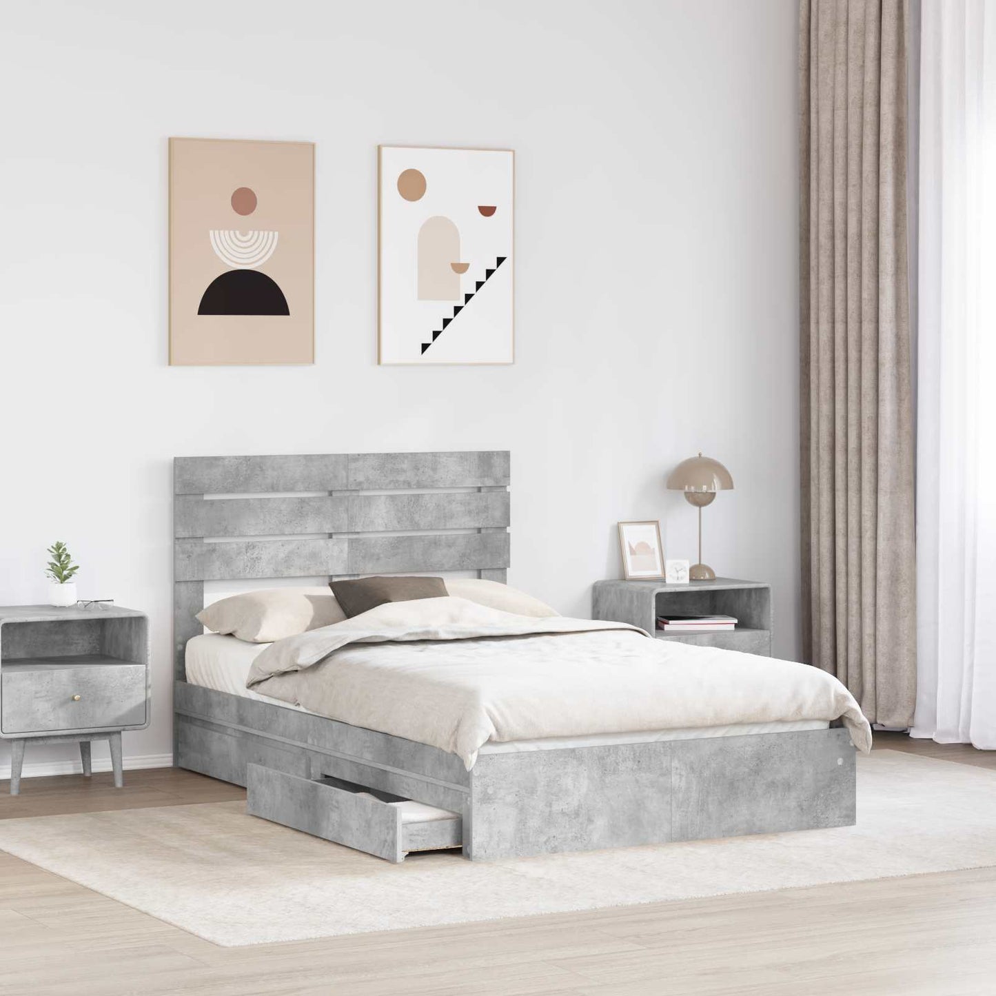 Storage Bed Concrete Grey 135 x 190 cm Engineered Wood