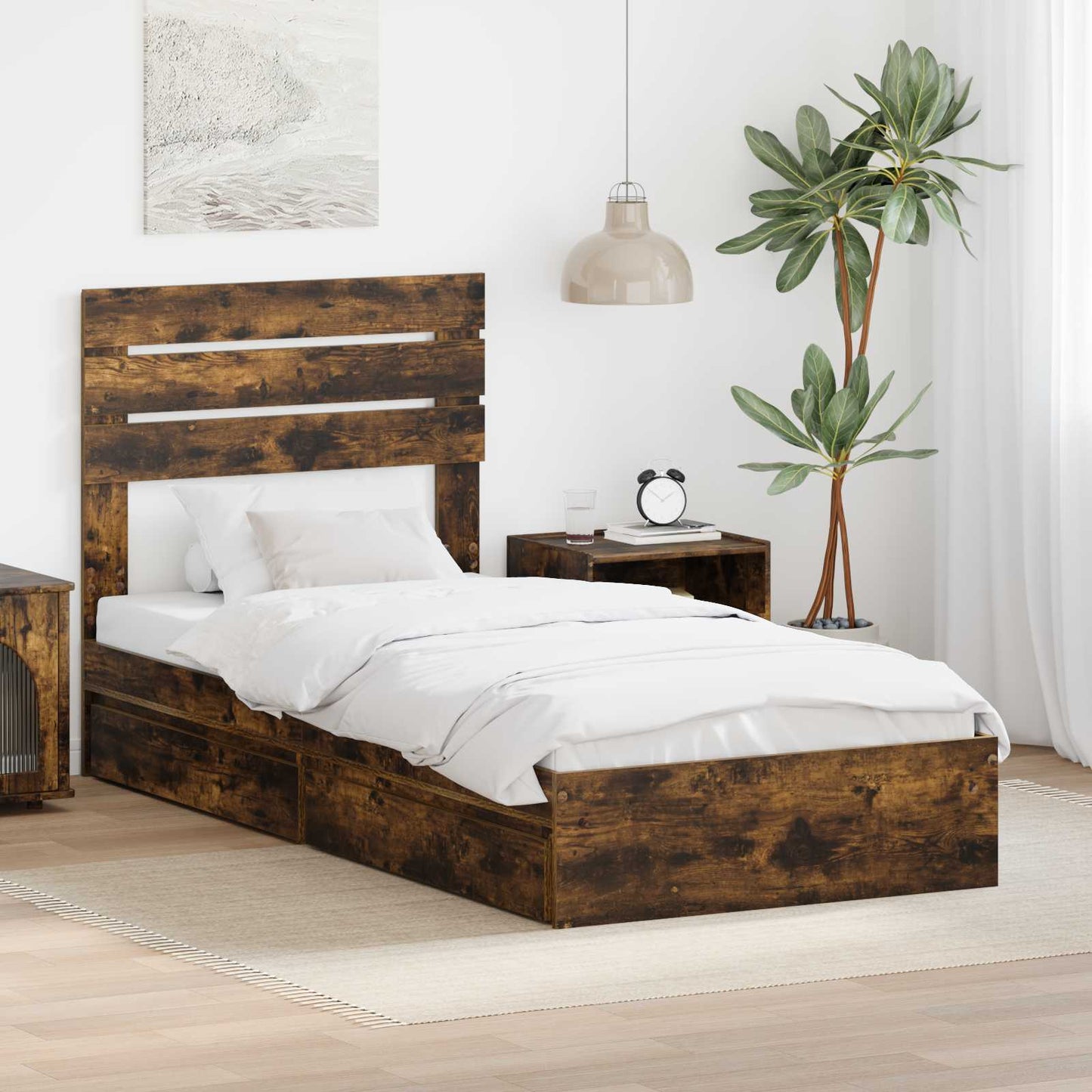 Storage Bed with Drawer Smoked Oak 100 x 200 cm Engineered Wood