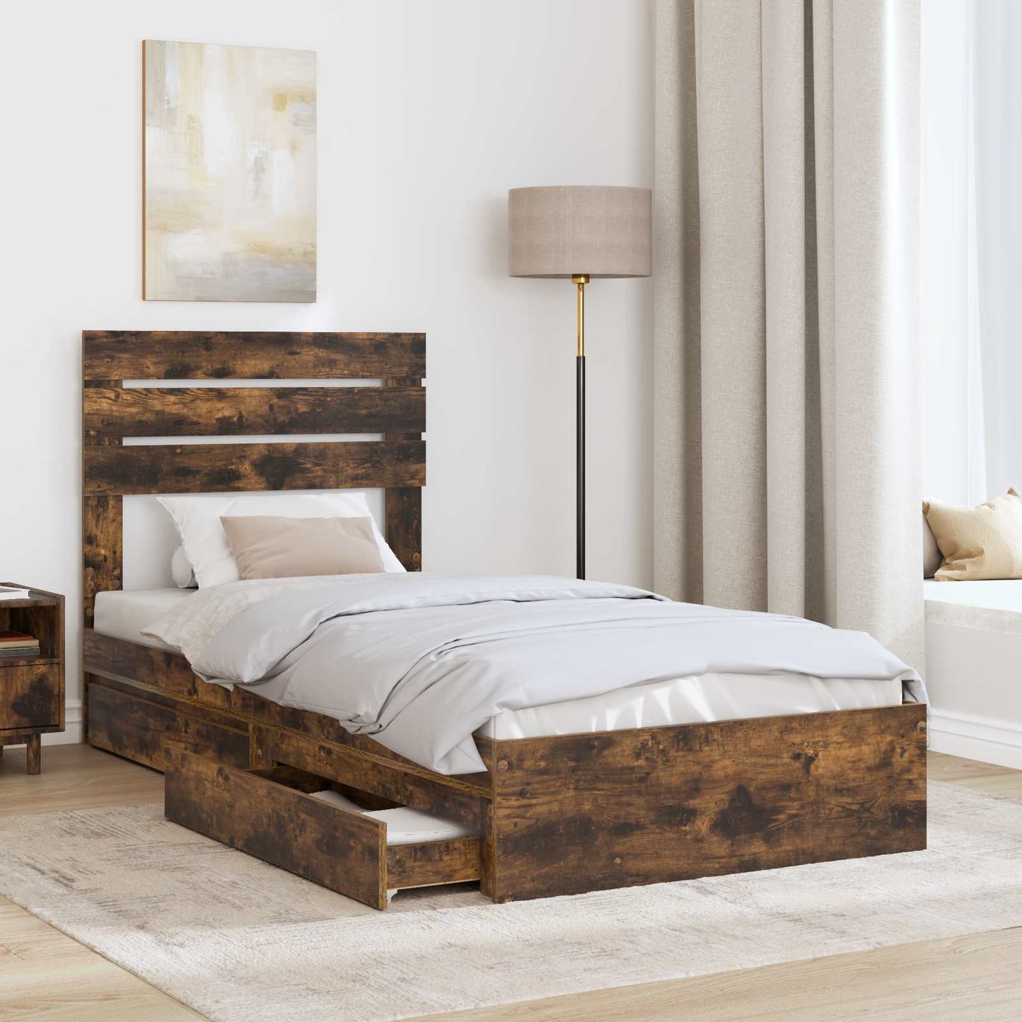 Storage Bed with Drawer Smoked Oak 90 x 200 cm Engineered Wood