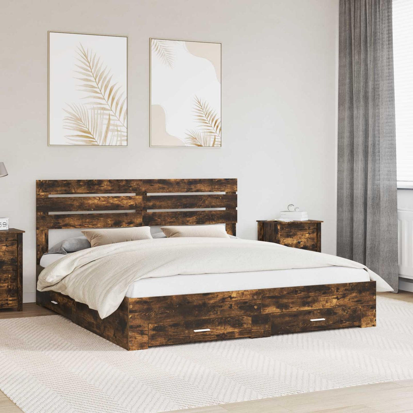 Bed Frame with Drawer Smoked Oak 200 x 200 cm Engineered Wood