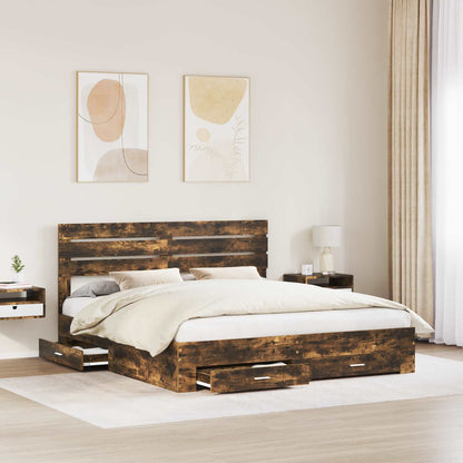 Bed Frame with Drawer Smoked Oak 200 x 200 cm Engineered Wood