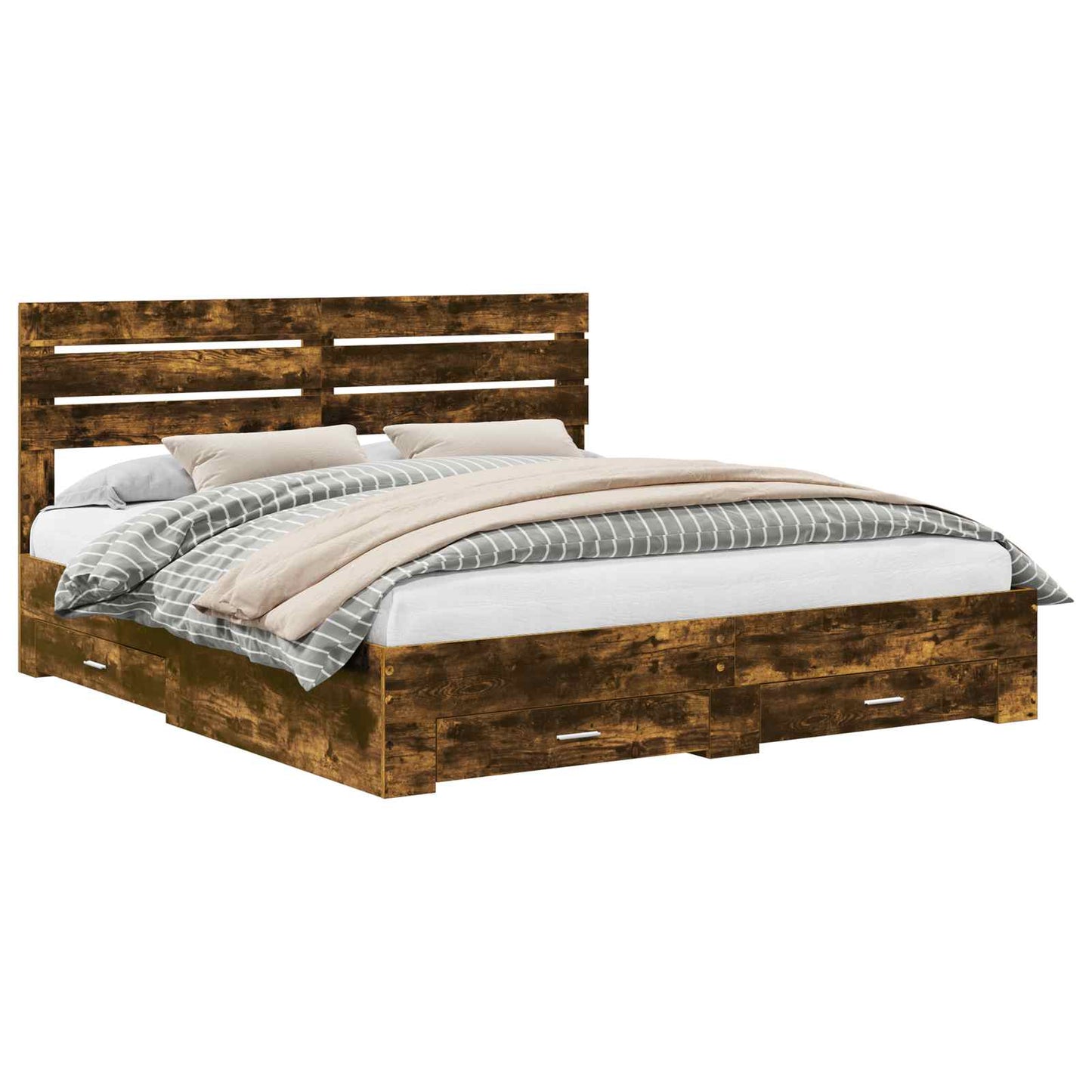 Bed Frame with Drawer Smoked Oak 200 x 200 cm Engineered Wood