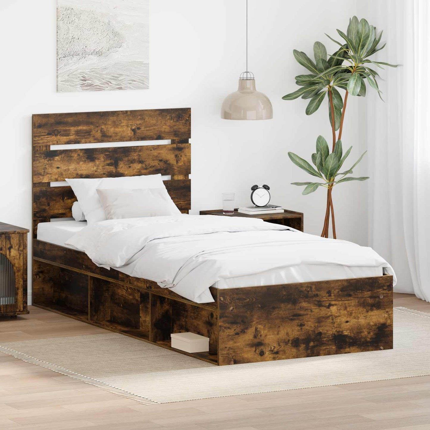 Bed Frame with Headboard Smoked Oak 75 x 190 cm Solid Pine Wood