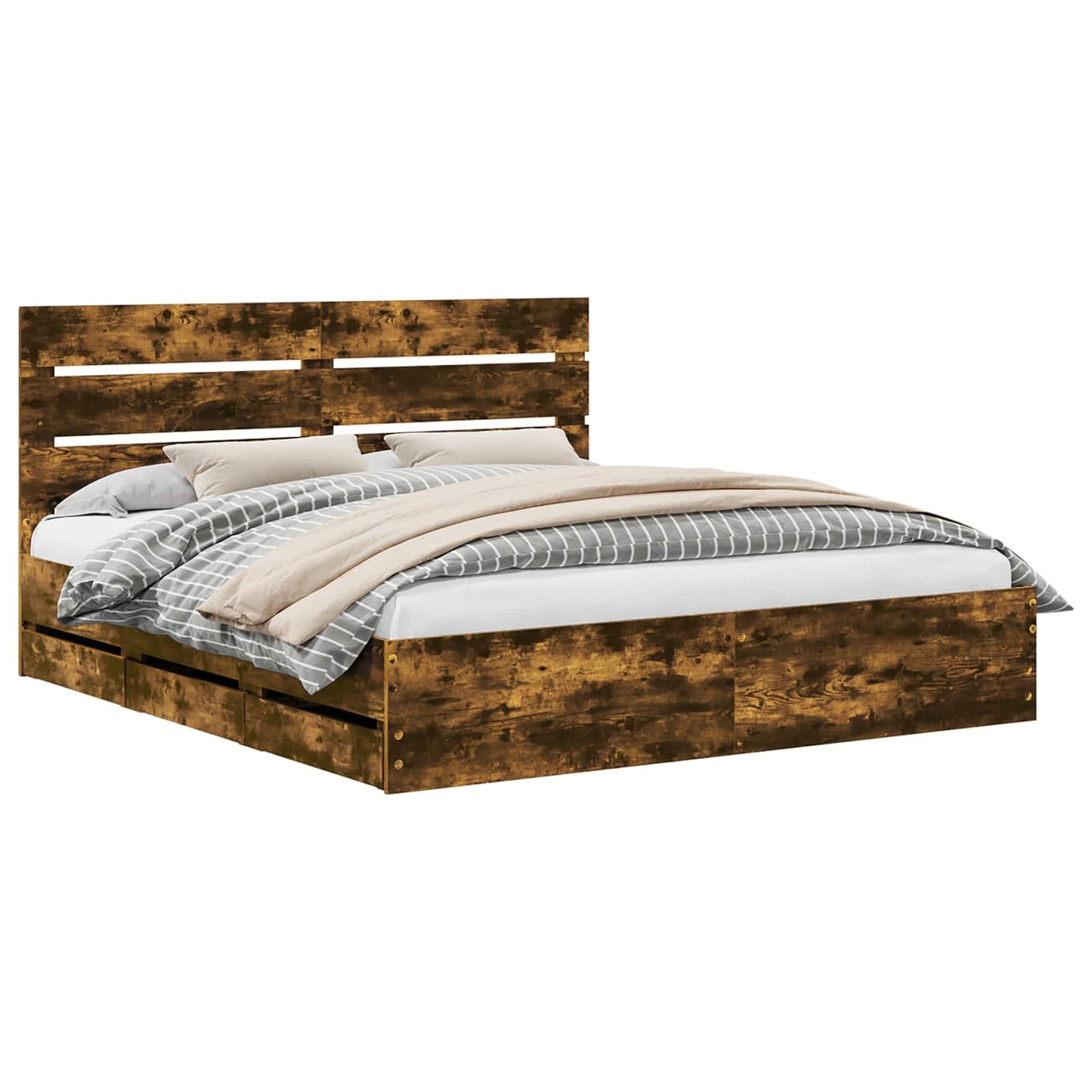 Bed Frame with Drawer Smoked Oak 200 x 200 cm Engineer Wood