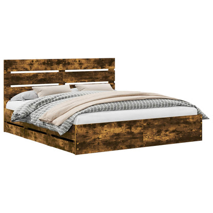 Bed Frame with Drawer Smoked Oak 200 x 200 cm Engineer Wood