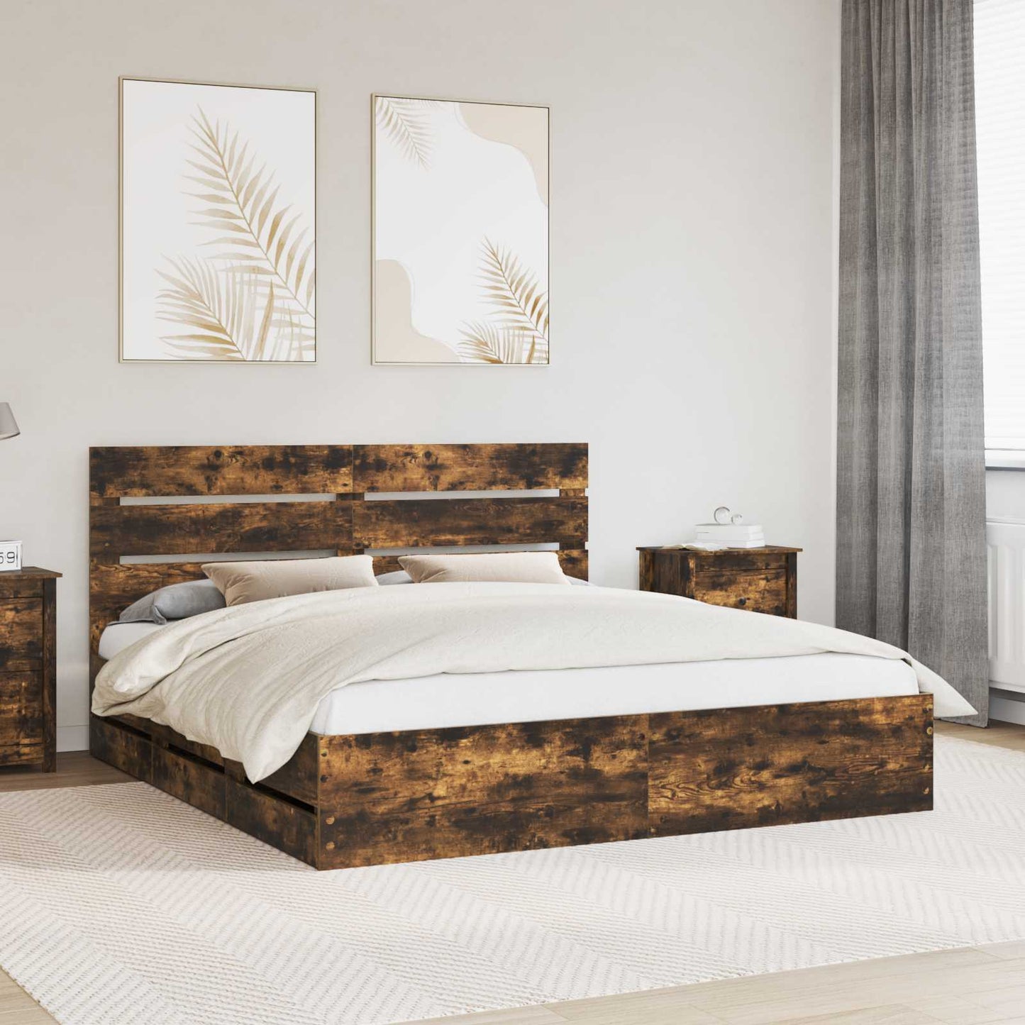 Bed Frame with Drawer Smoked Oak 180 x 200 cm Engineer Wood