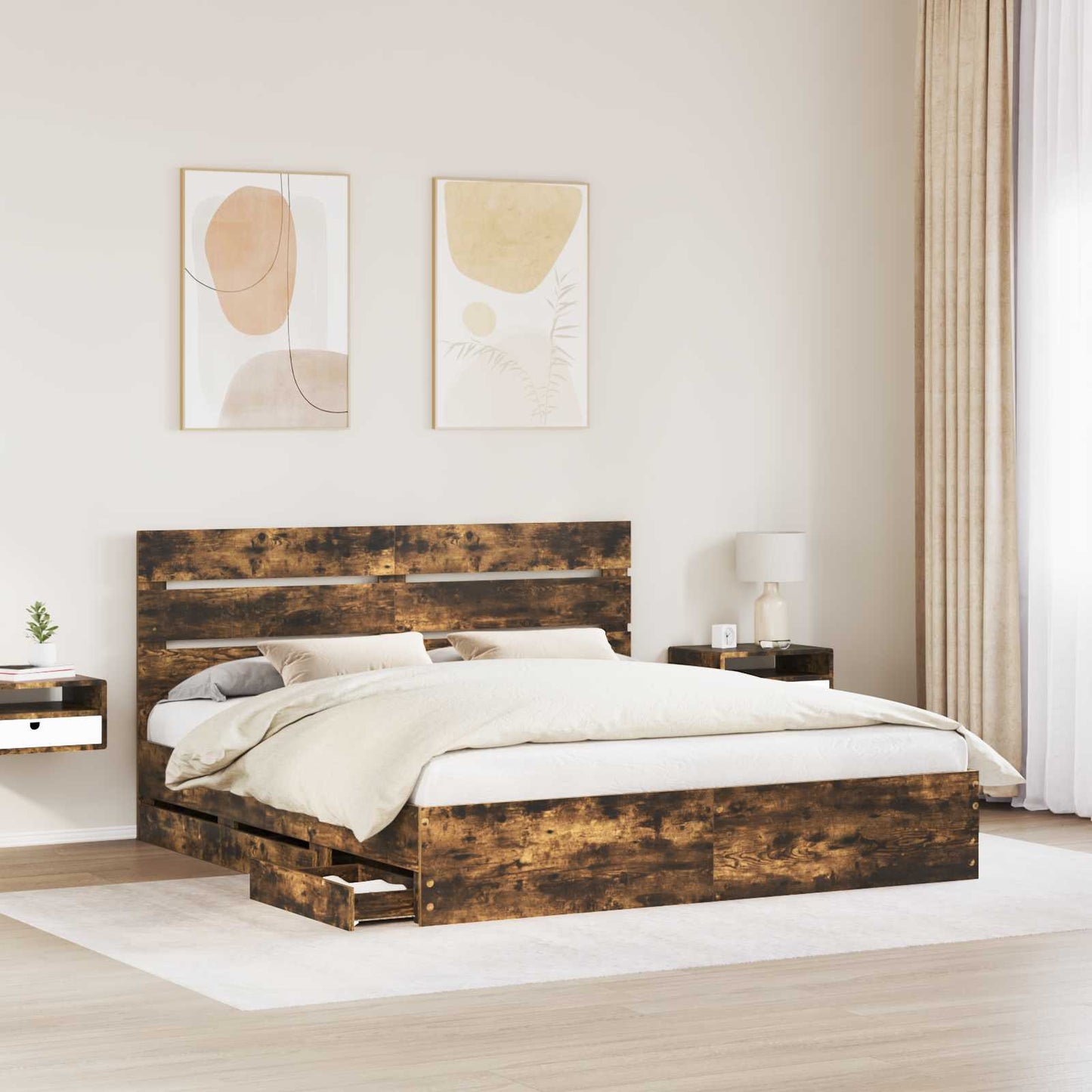 Bed Frame with Drawer Smoked Oak 180 x 200 cm Engineer Wood