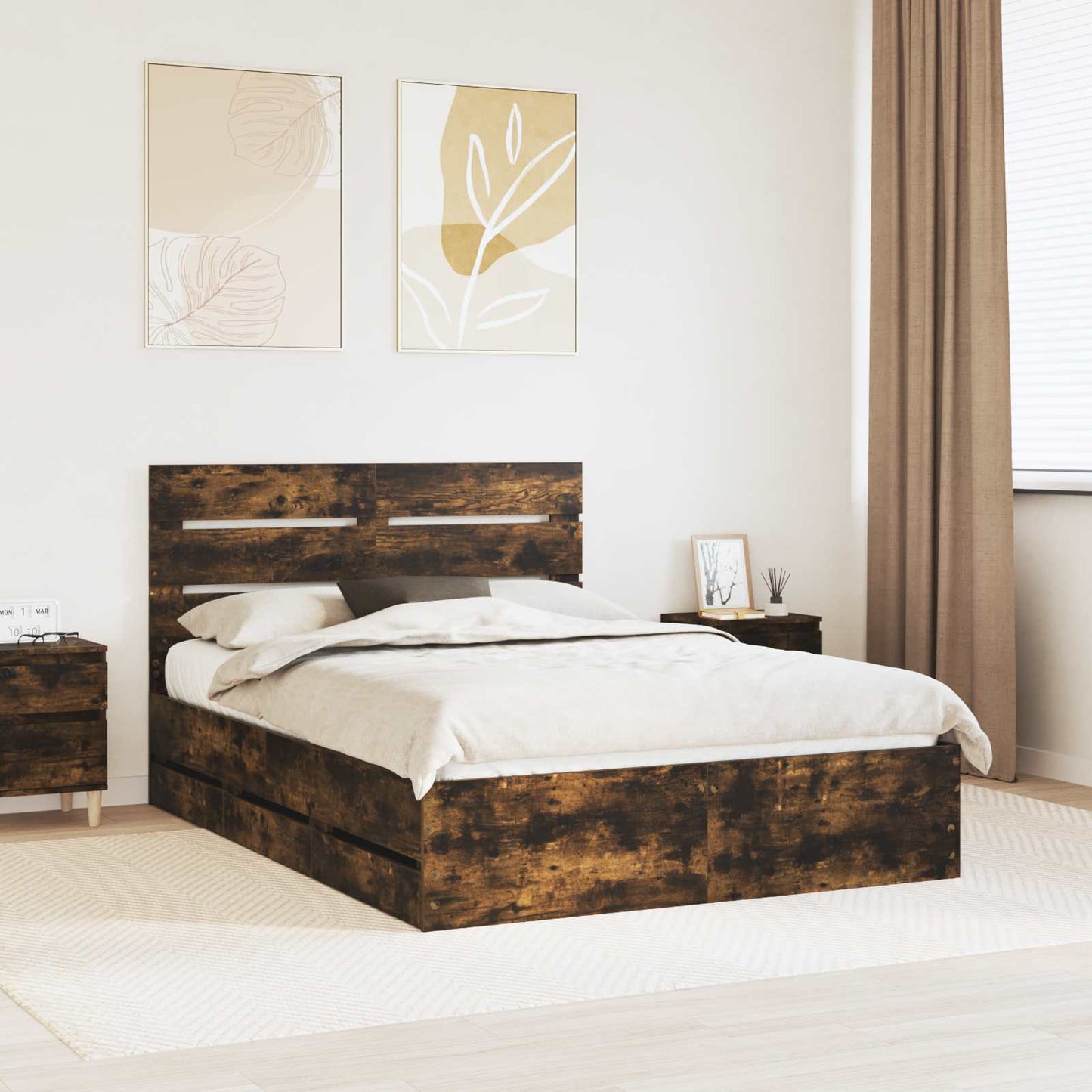 Bed Frame with Drawer Smoked Oak 140 x 190 cm Engineer Wood