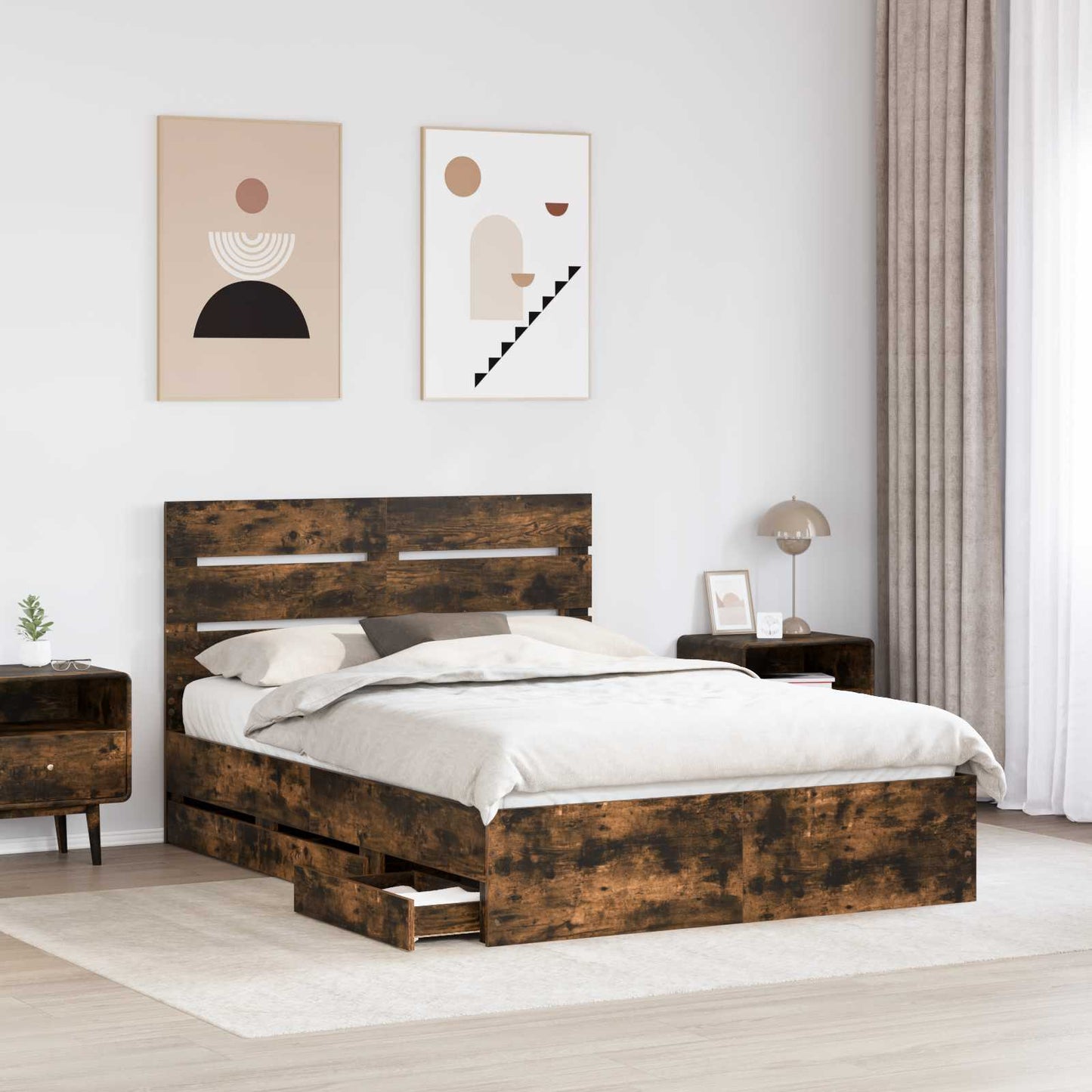 Bed Frame with Drawer Smoked Oak 140 x 190 cm Engineer Wood