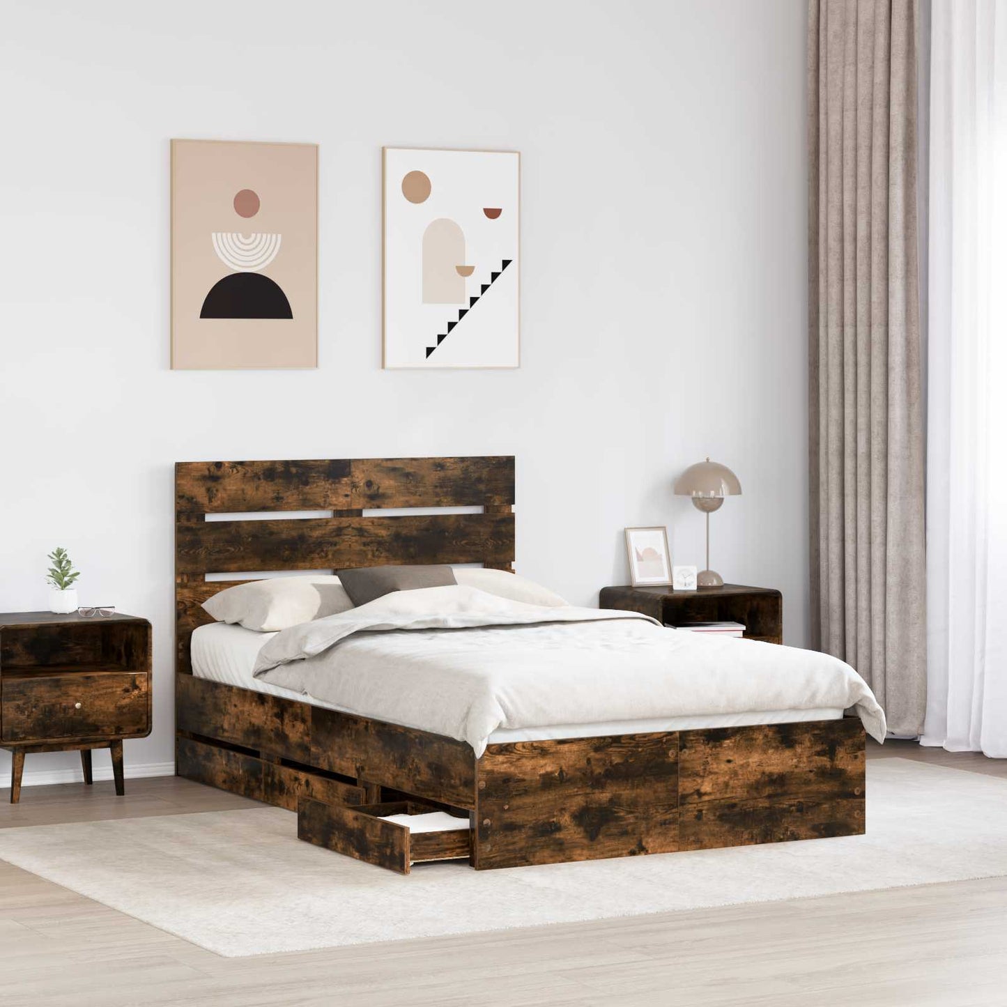 Bed Frame with Drawer Smoked Oak 120 x 200 cm Engineer Wood