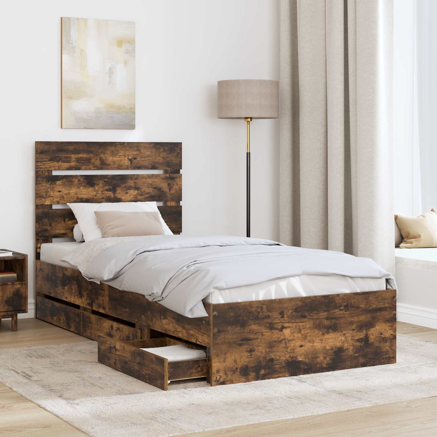 Bed Frame with Drawer Smoked Oak 100 x 200 cm Engineer Wood