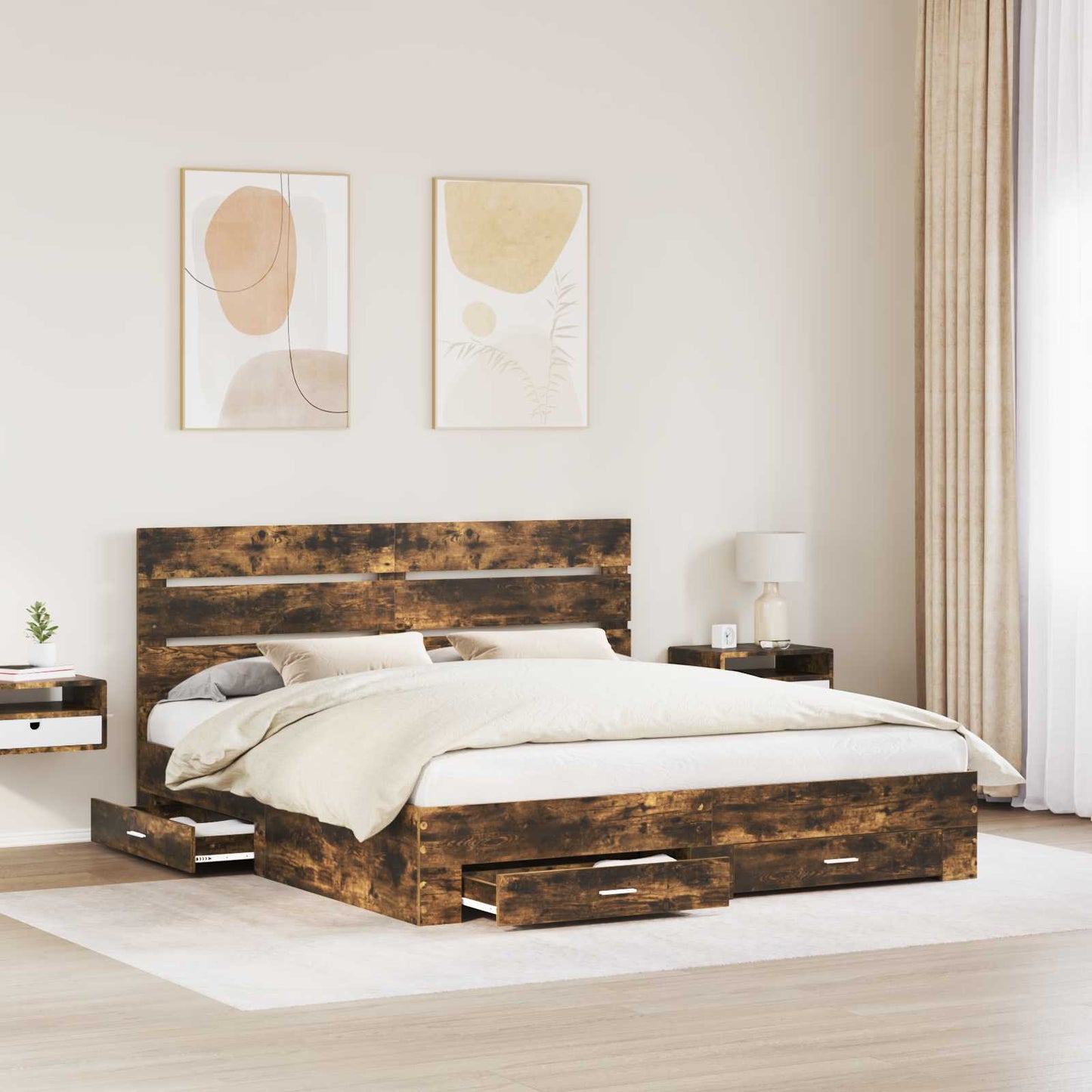 Bed Frame with Drawer Smoked Oak 200 x 200 cm Engineered Wood