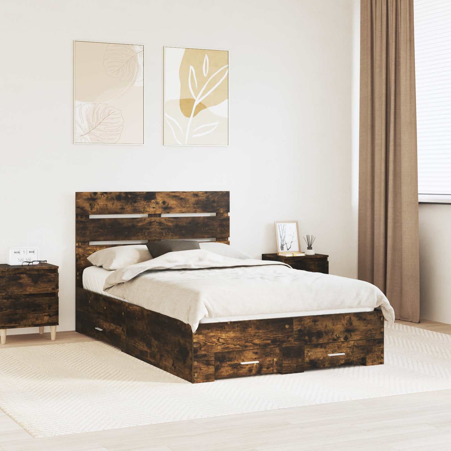 Bed Frame with Drawer Smoked Oak 135 x 190 cm Engineered Wood