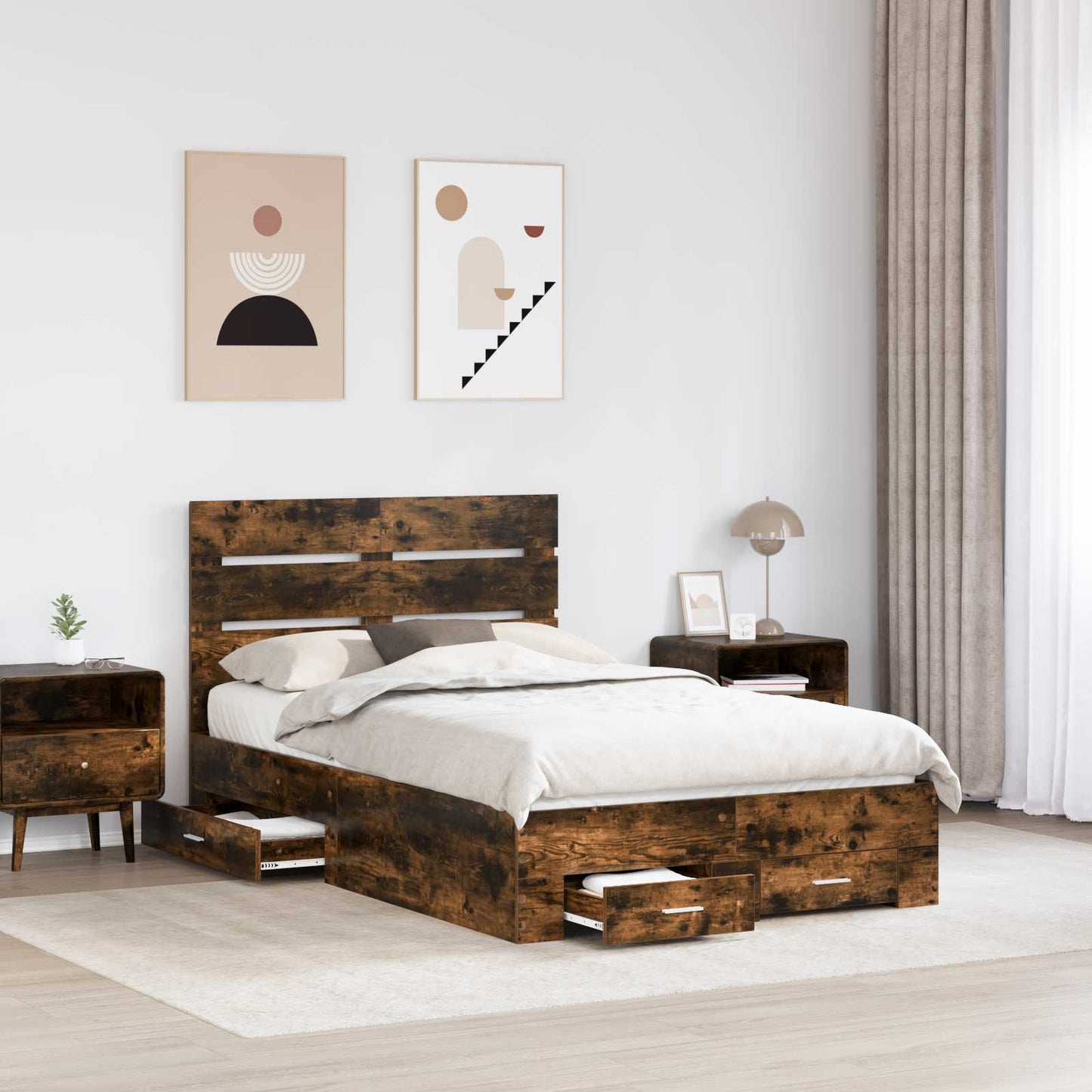 Bed Frame with Drawer Smoked Oak 135 x 190 cm Engineered Wood