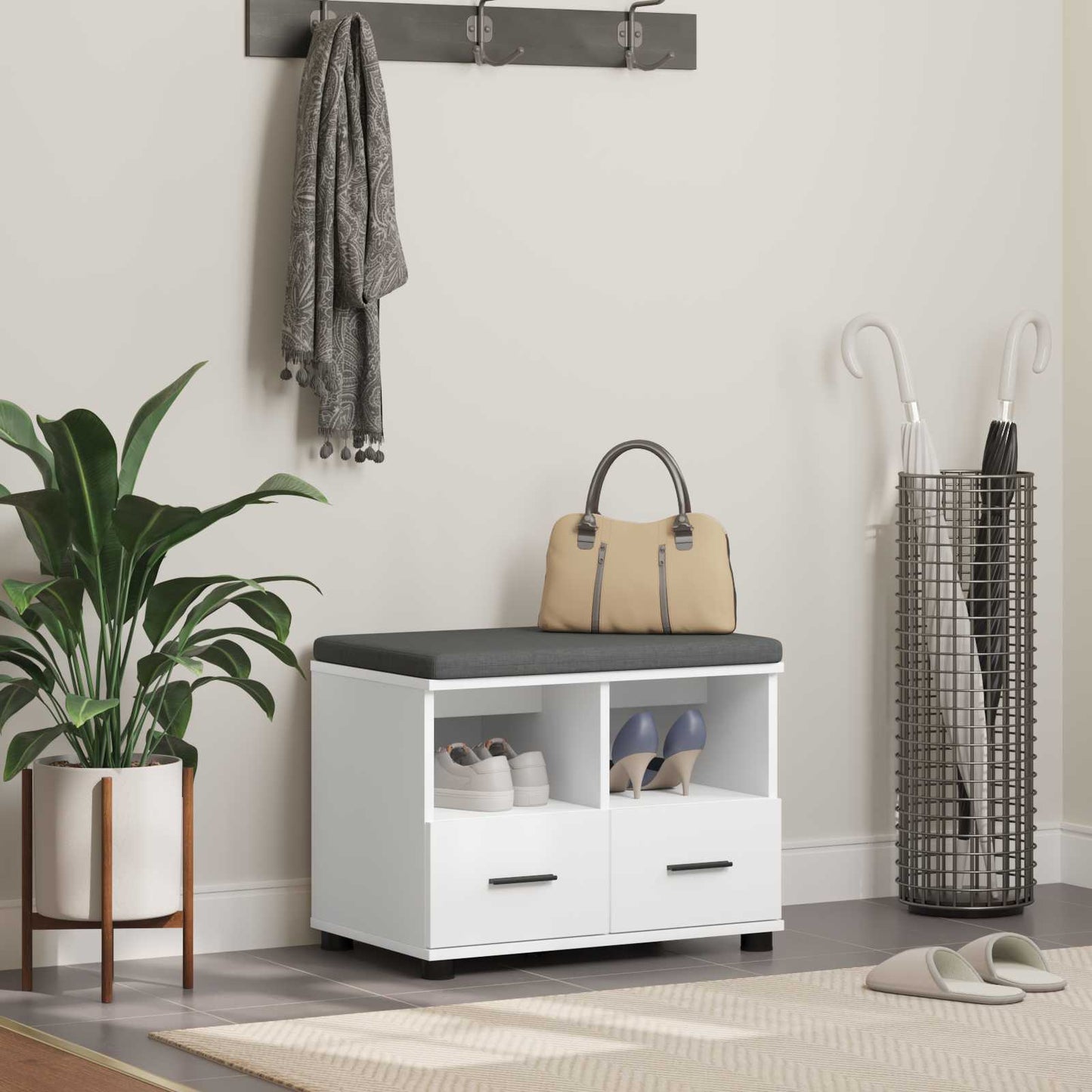 Hall Bench White 60 x 38 x 46 cm Engineered Wood and Fabric