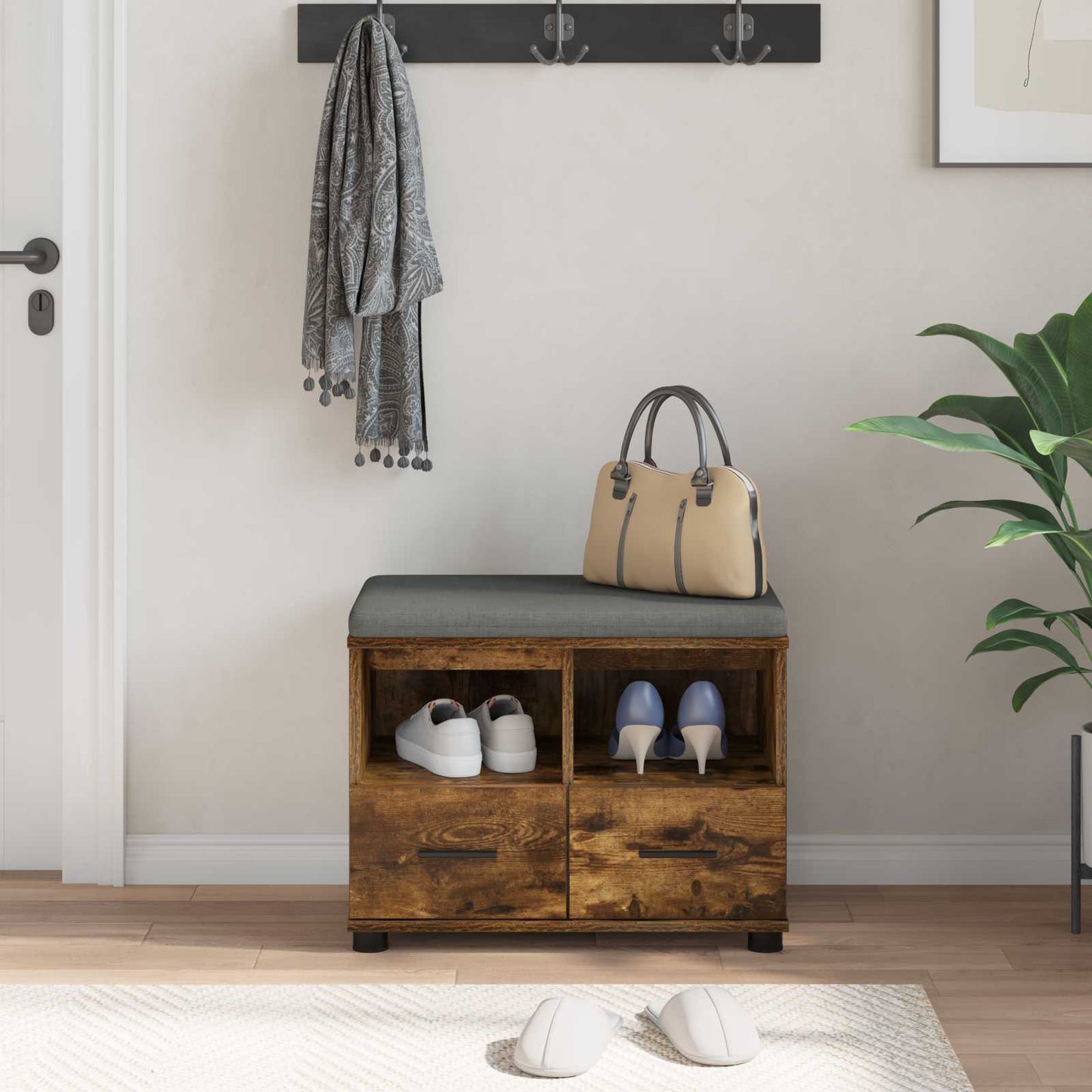 Hall Bench with Cushion with Drawer Smoked Oak 60 x 38 x 46 cm