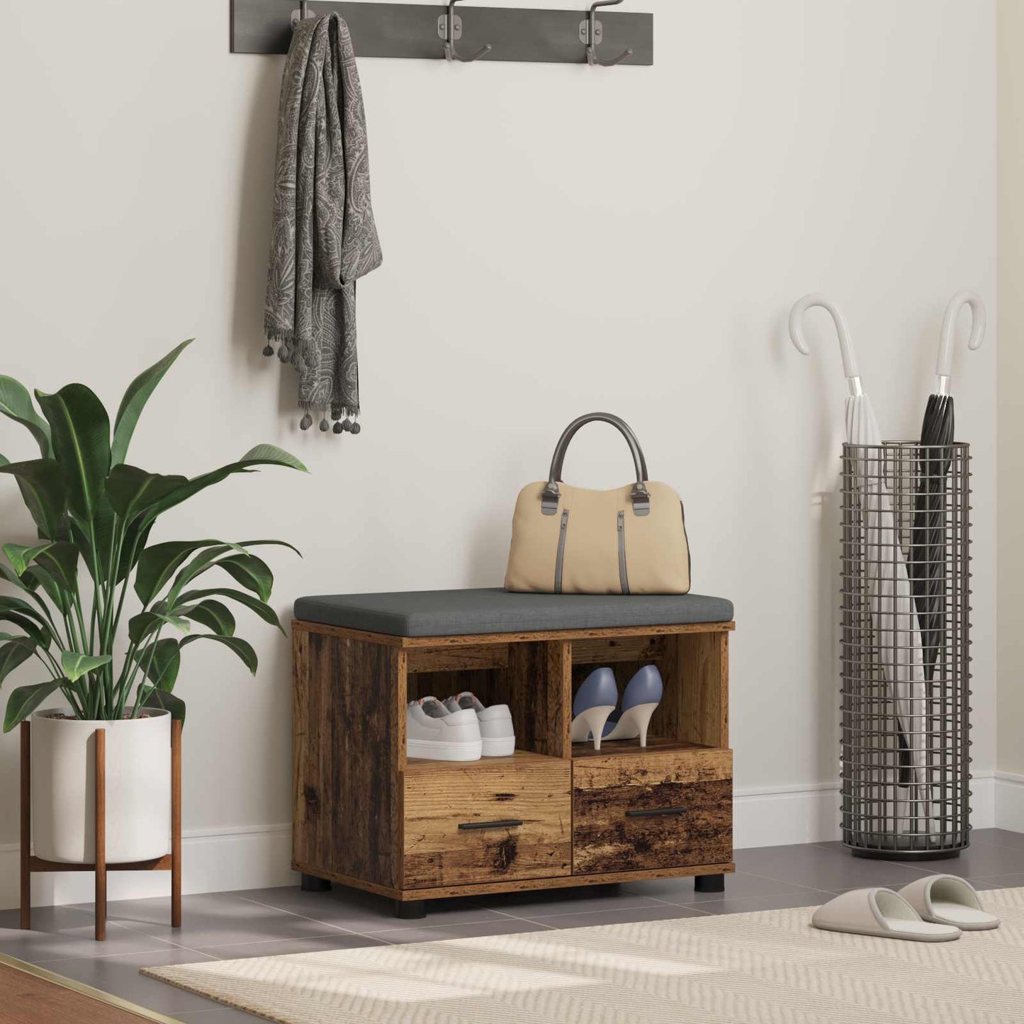Hall Bench Old Wood 60 x 38 x 46 cm Engineered Wood and Fabric