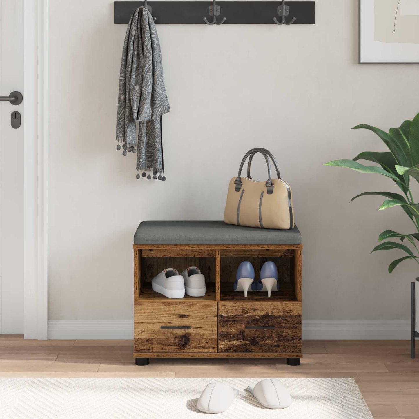 Hall Bench Old Wood 60 x 38 x 46 cm Engineered Wood and Fabric