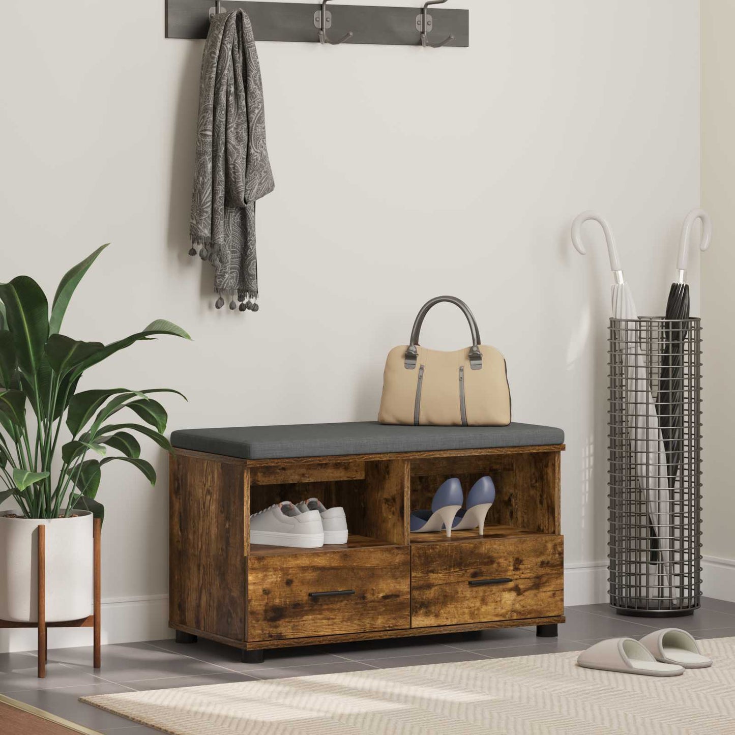 Hall Bench with Cushion with Drawer Smoked Oak 80 x 38 x 46 cm